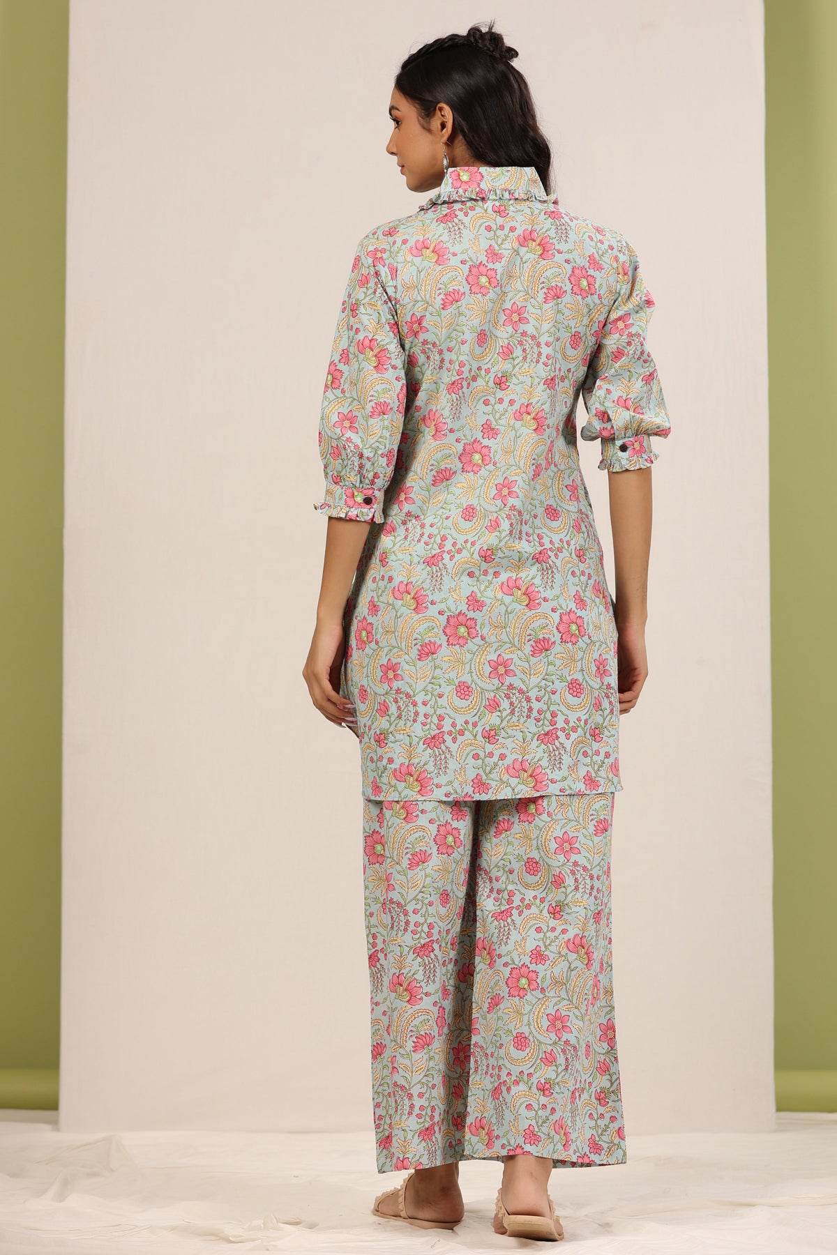 Floral Mosaic on Sky Blue Palazzo Loungewear Set