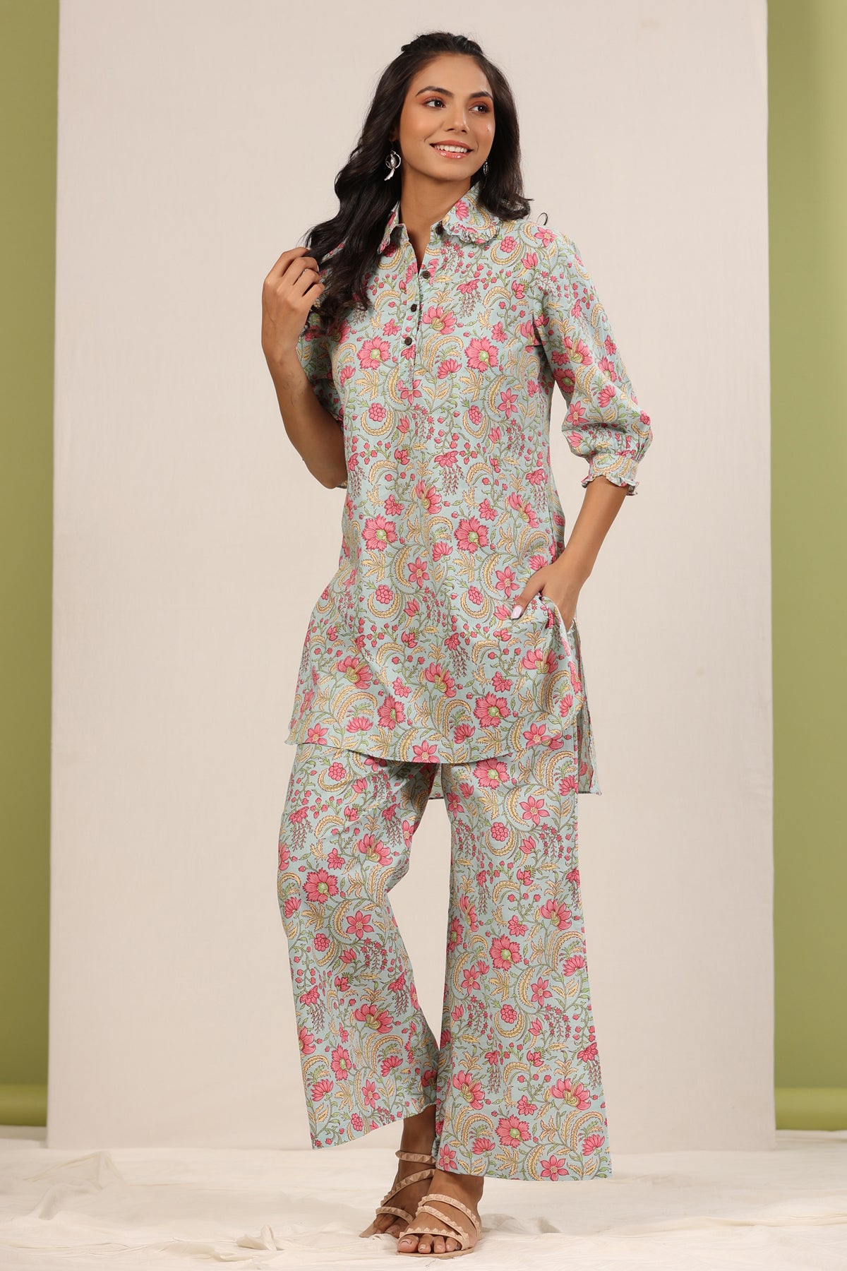 Floral Mosaic on Sky Blue Palazzo Loungewear Set