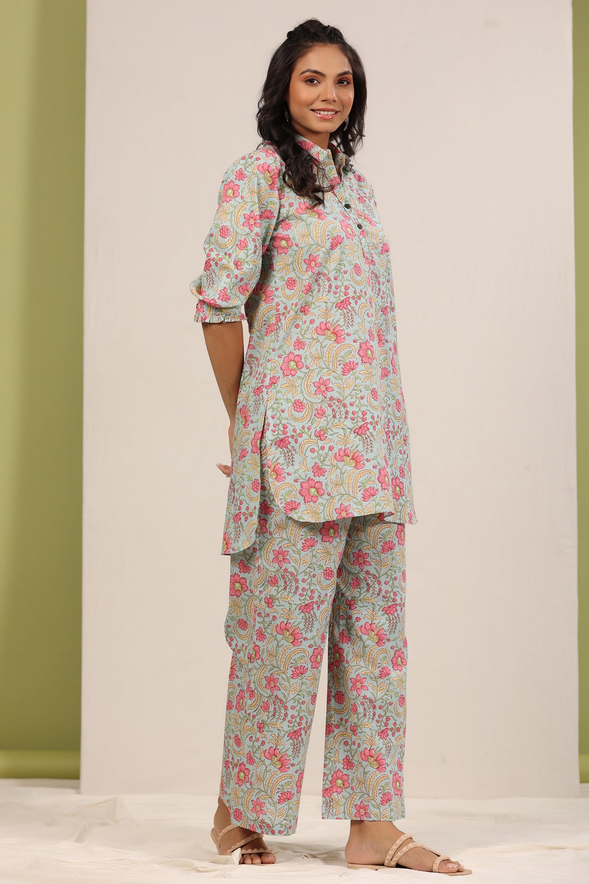 Floral Mosaic on Sky Blue Palazzo Loungewear Set