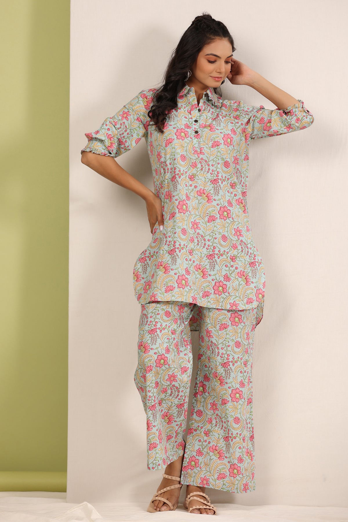 Floral Mosaic on Sky Blue Palazzo Loungewear Set