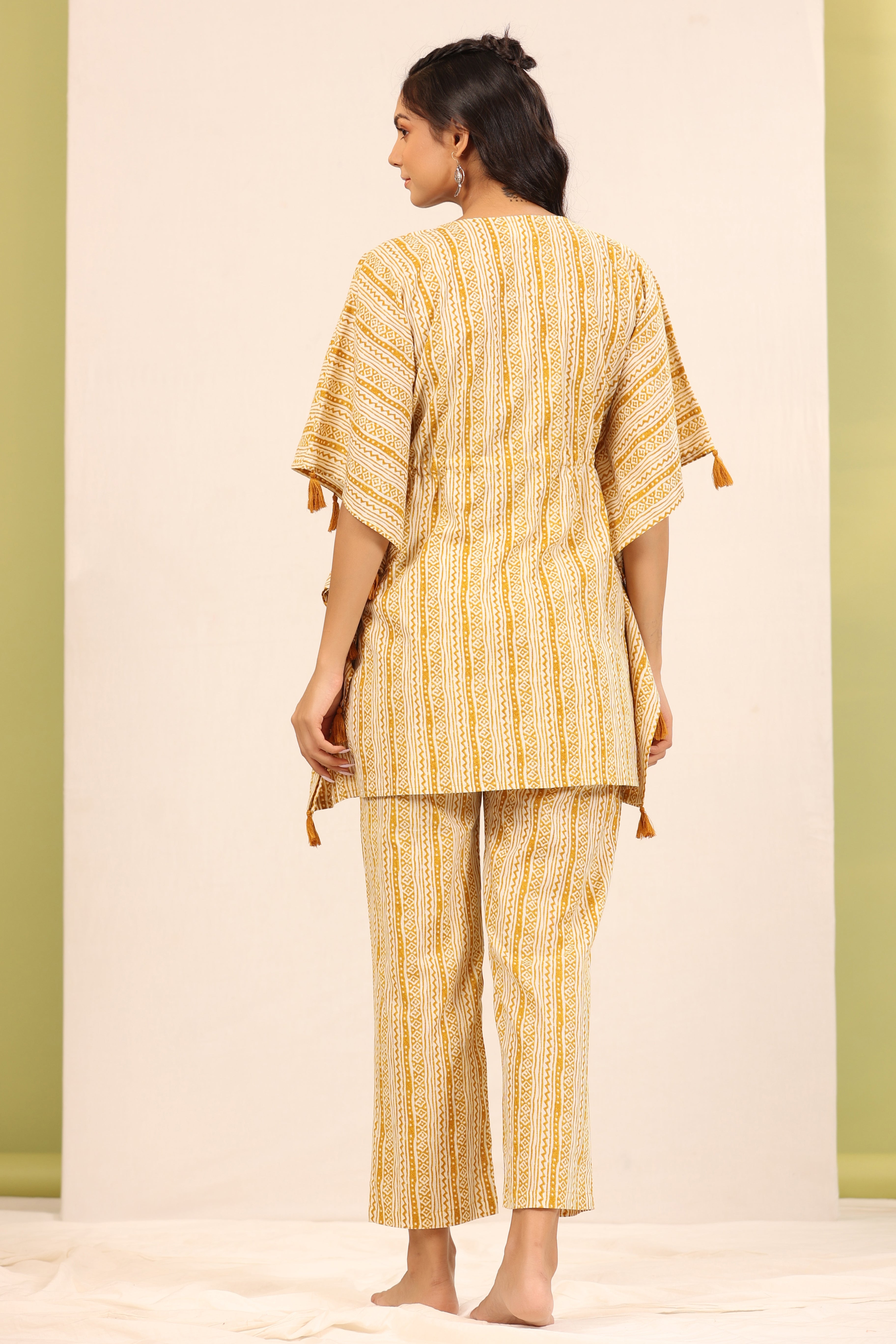 Patterned Twines on Mustard Kaftan Pyjama Set