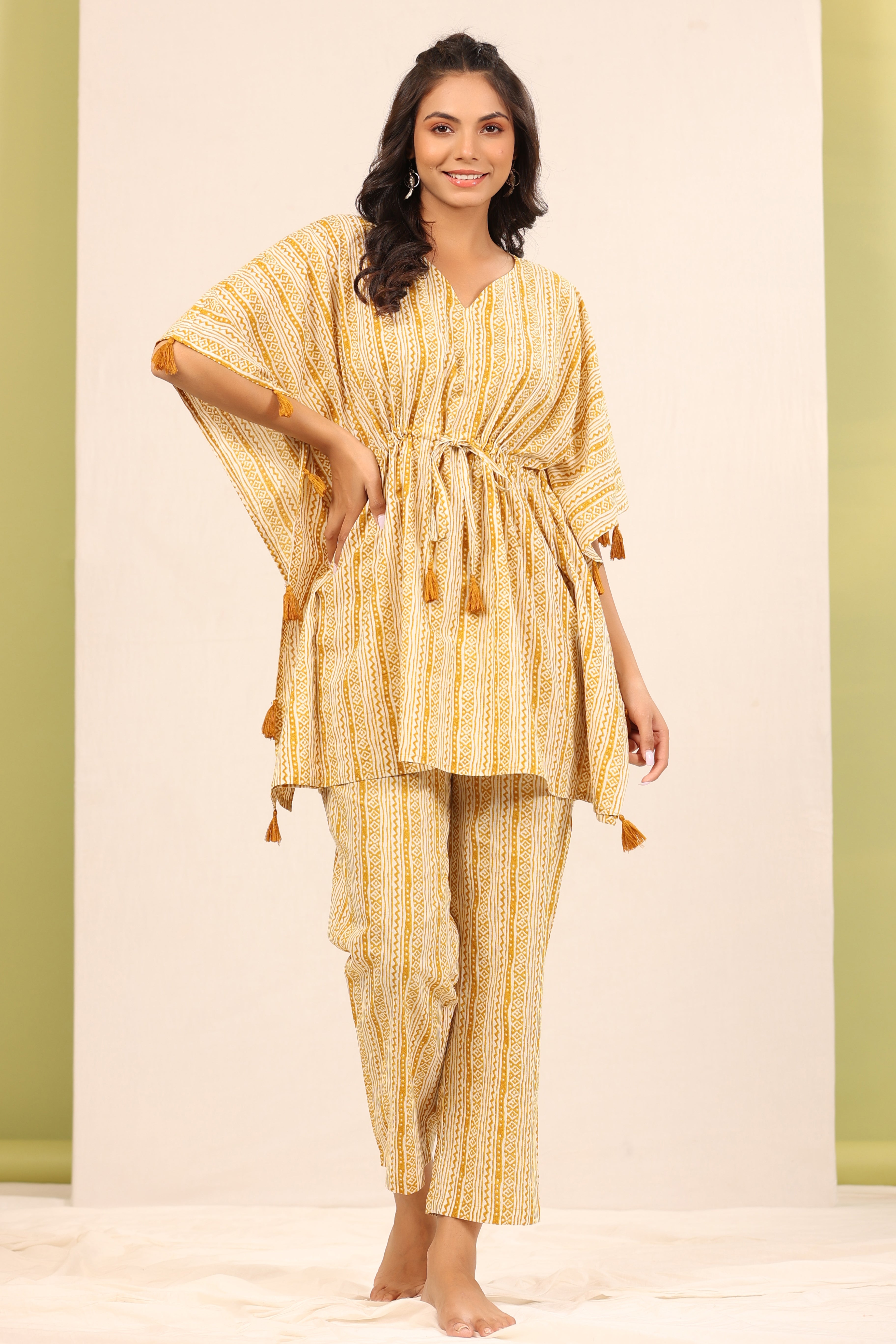 Patterned Twines on Mustard Kaftan Pyjama Set