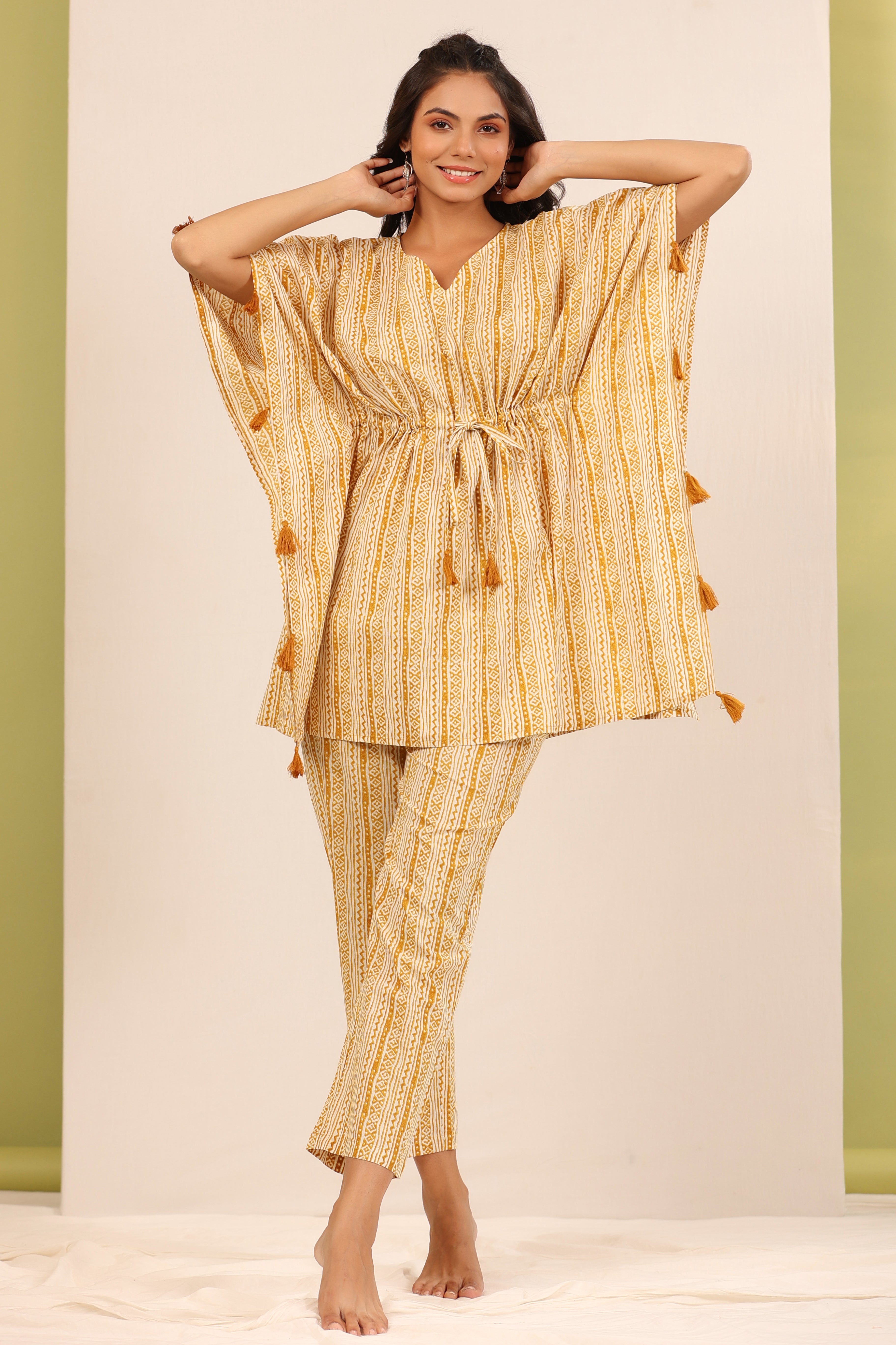 Patterned Twines on Mustard Kaftan Pyjama Set