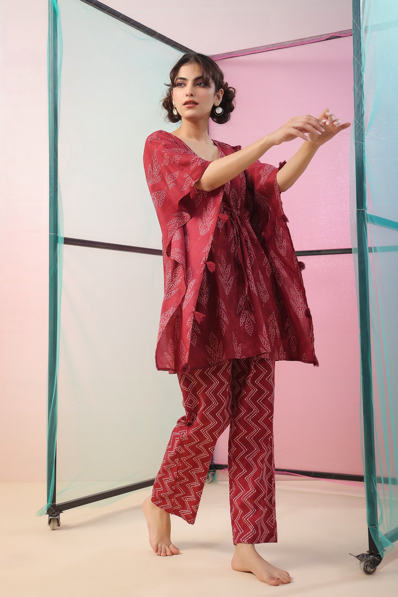 Maroon Shibori Kaftan Co-ord Set