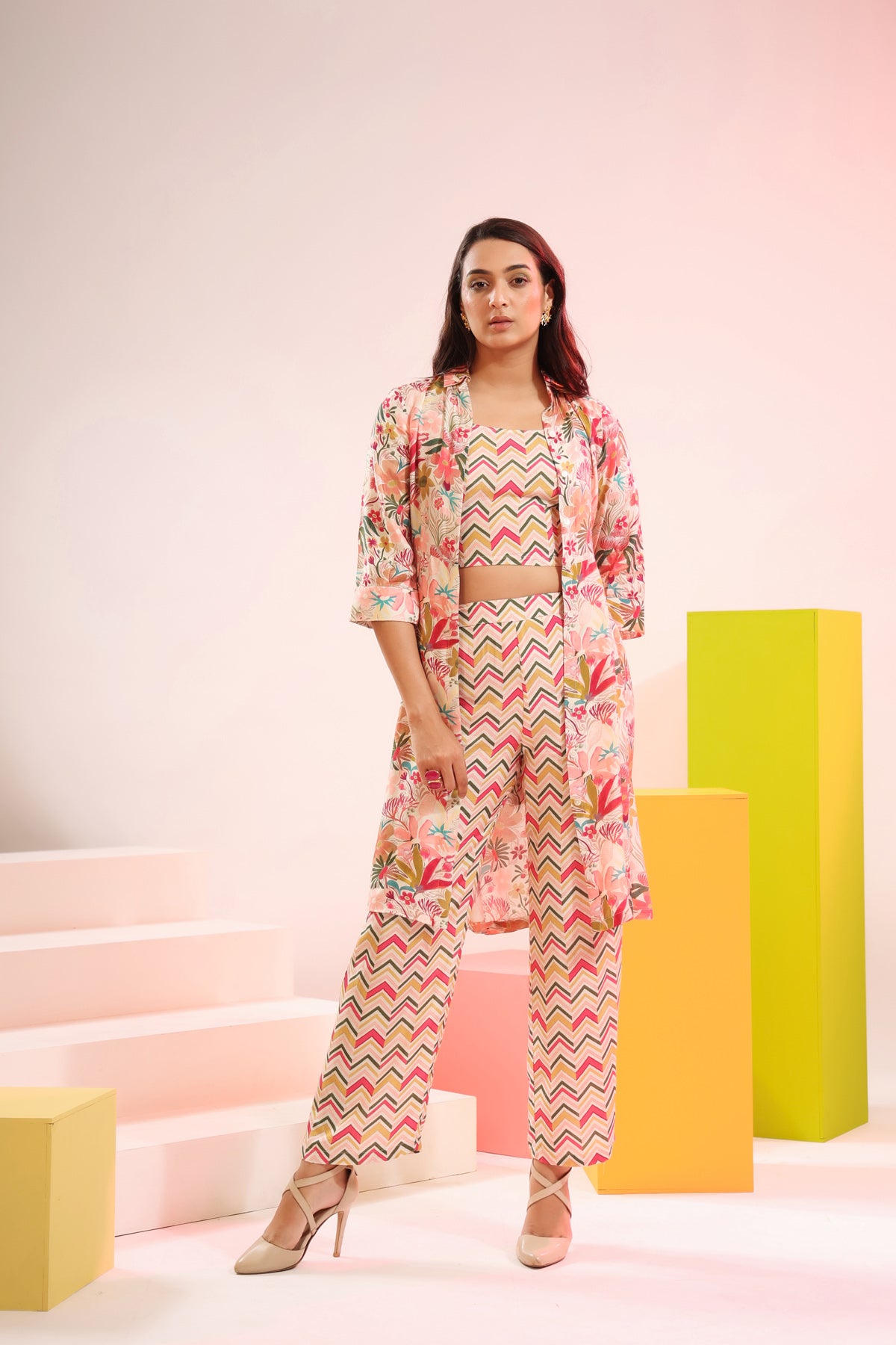 Retro Muslin Silk Multicolour Three Piece Set