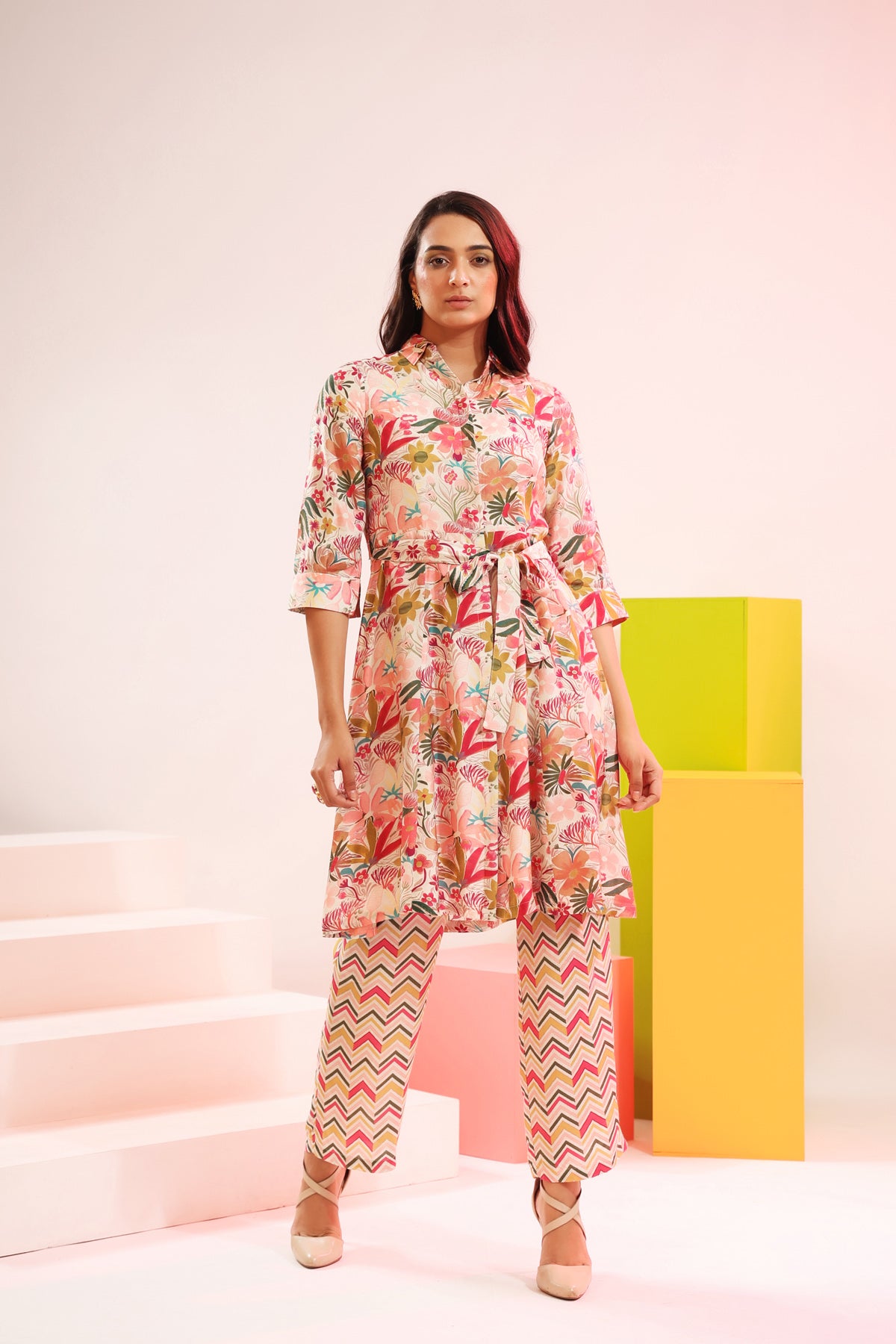 Retro Muslin Silk Multicolour Three Piece Set