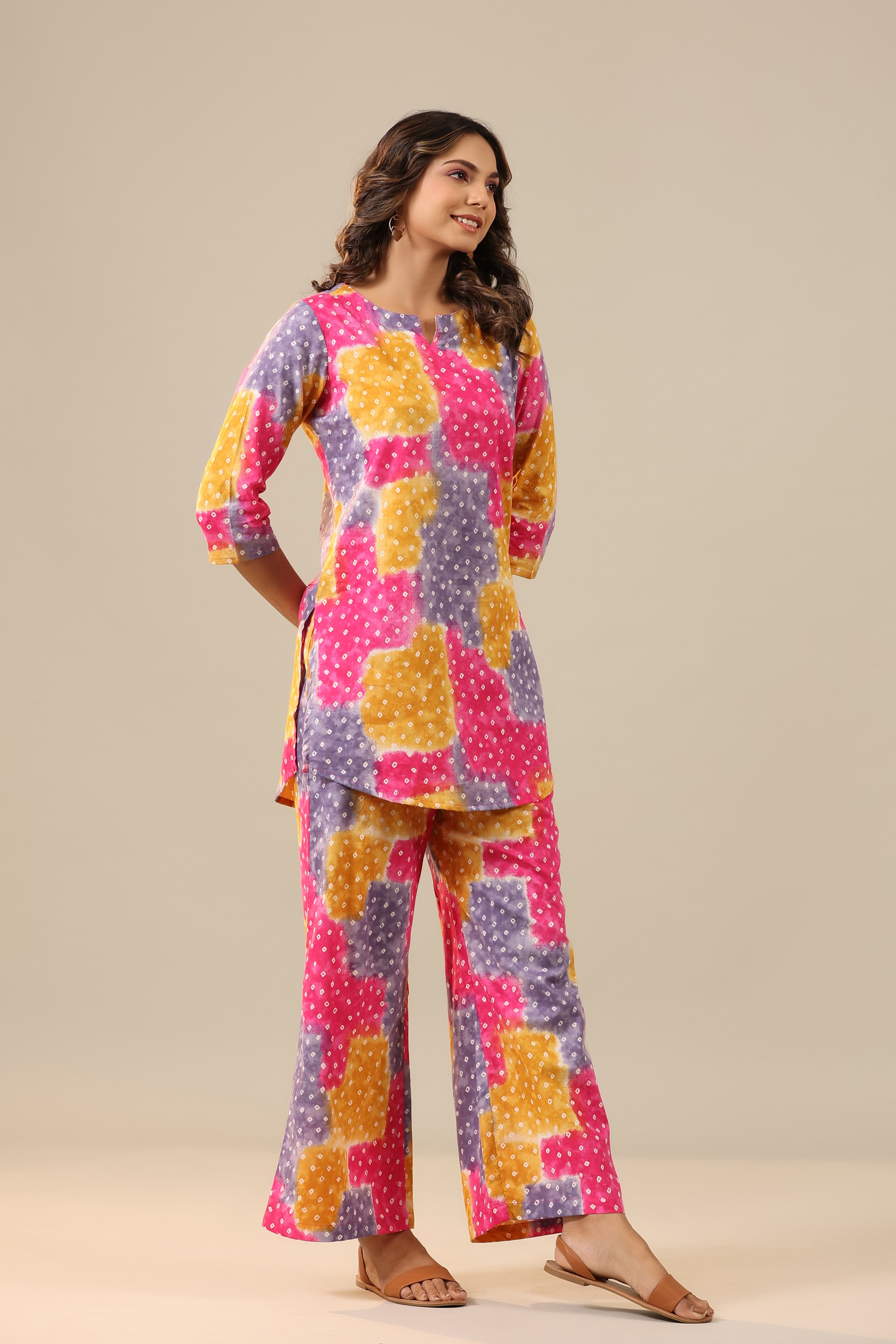 Multicoloured Bandhej on Palazzo Loungewear Set