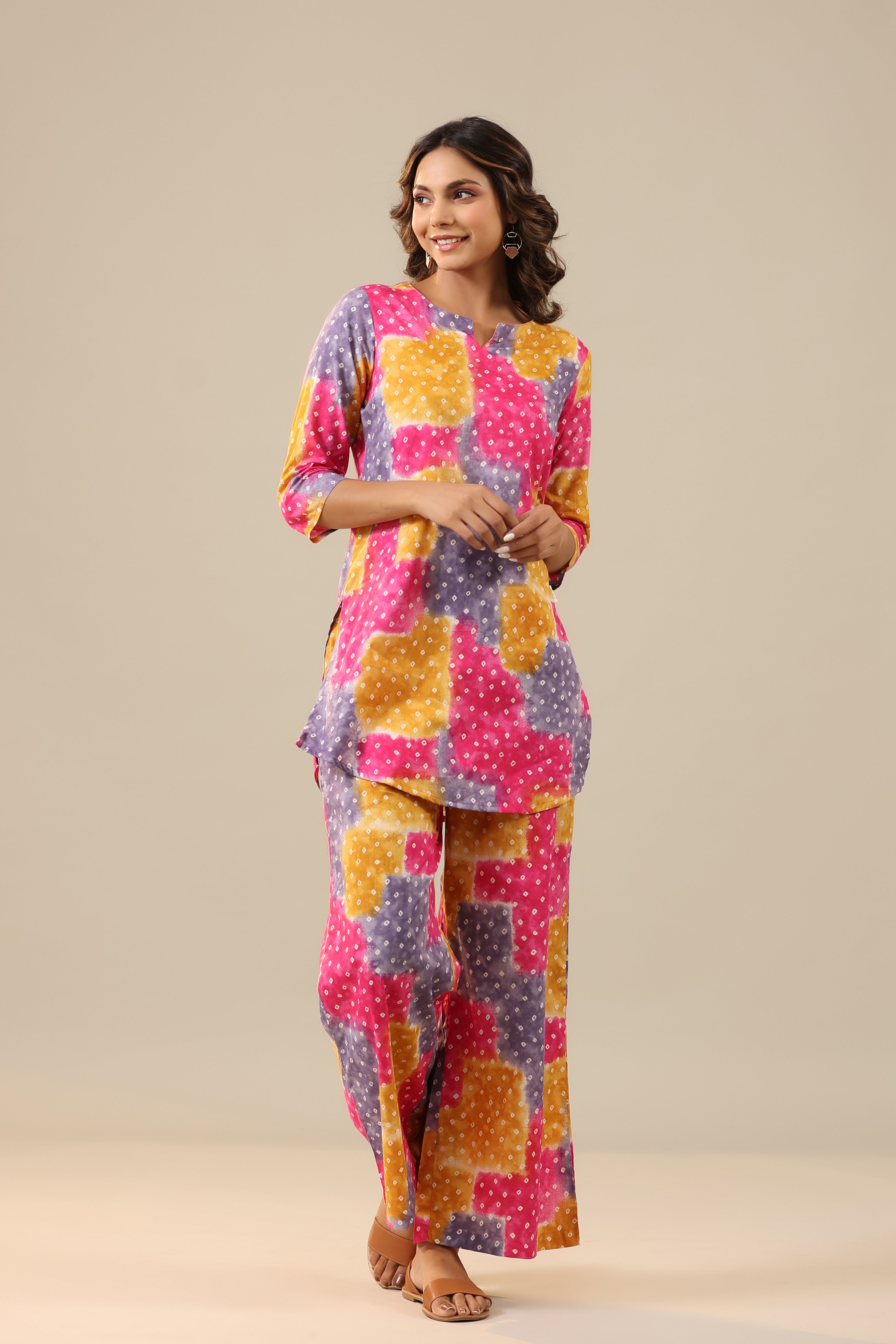 Multicoloured Bandhej on Palazzo Loungewear Set