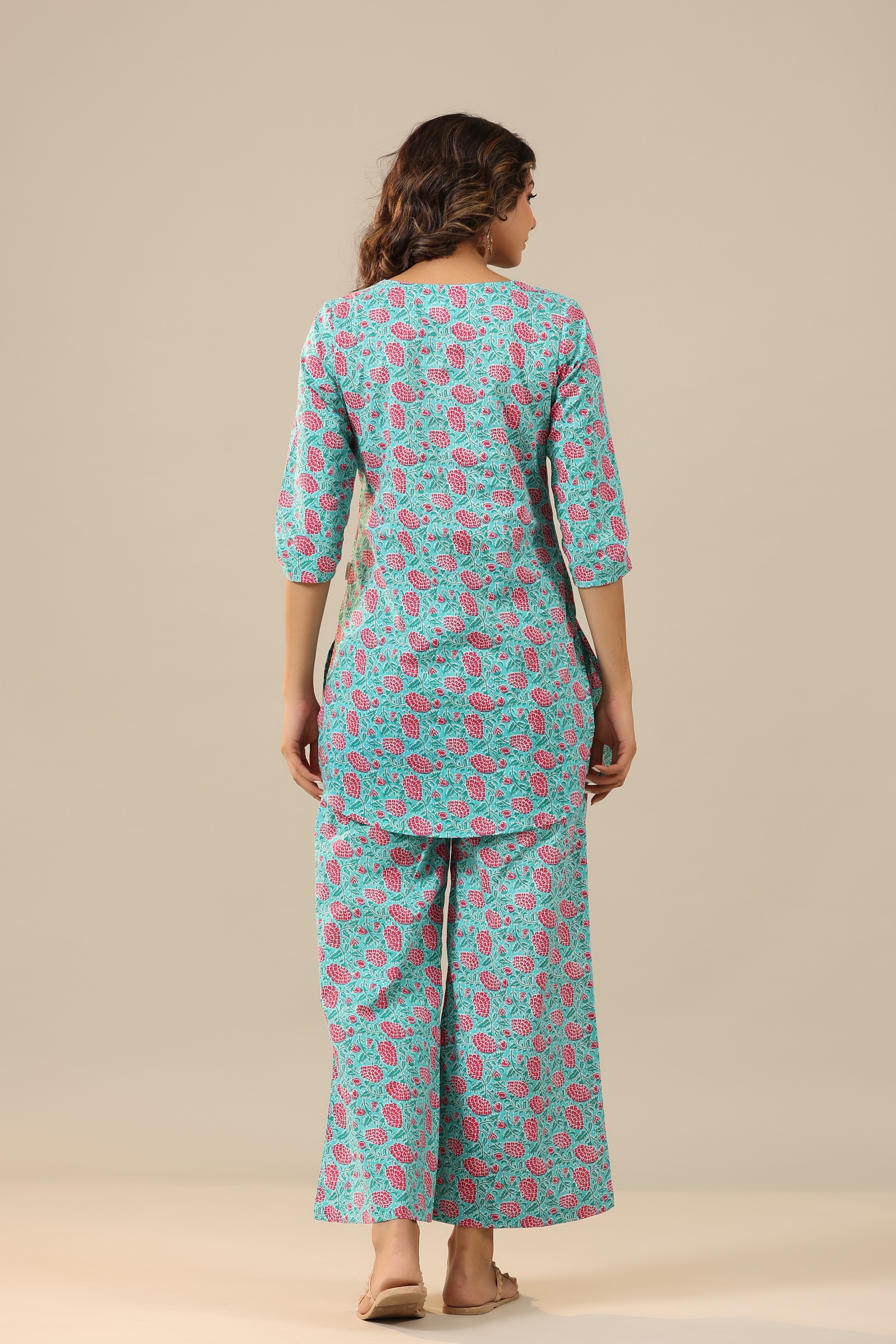 Pink Dahlia on Light Blue Palazzo Loungewear Set