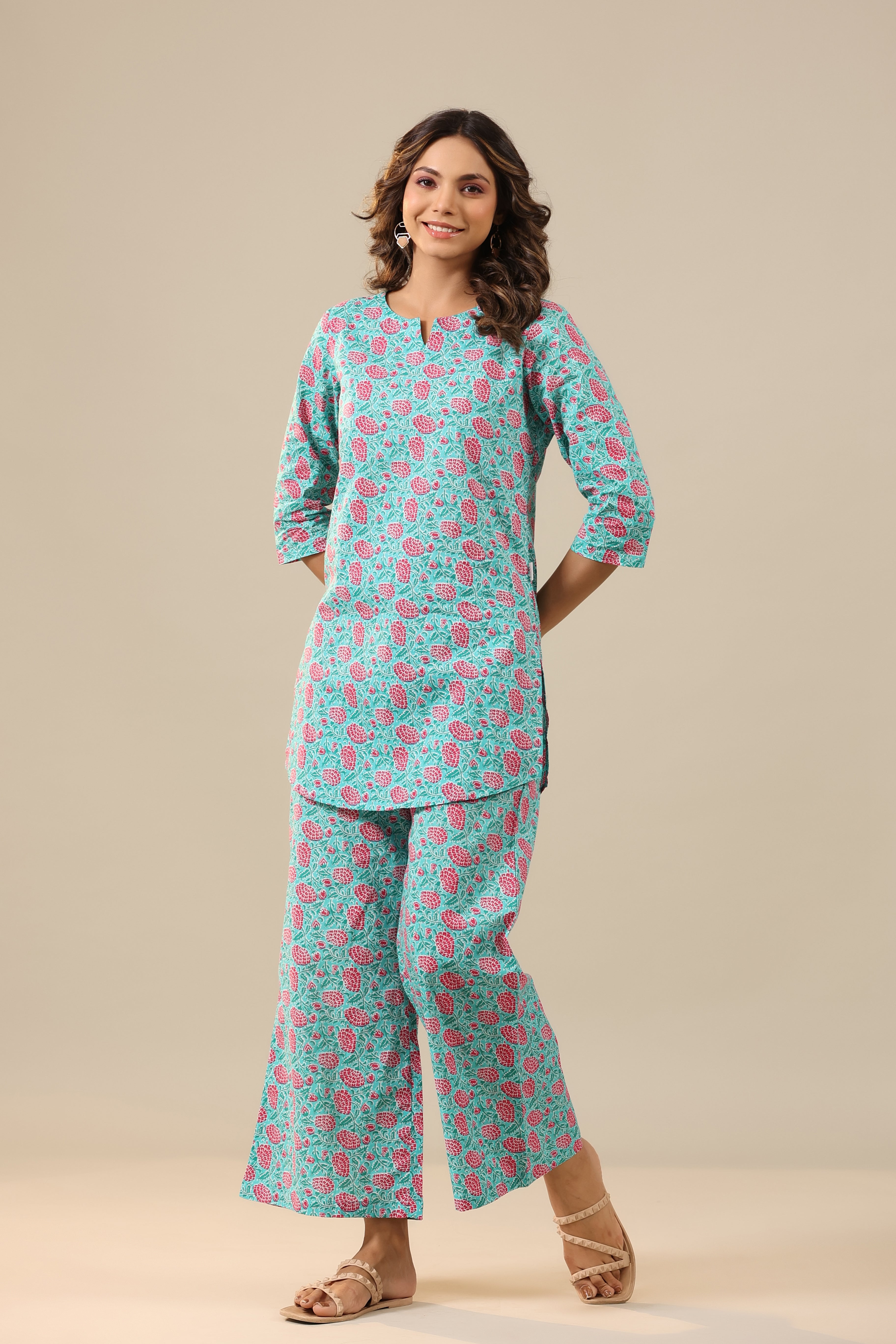 Pink Dahlia on Light Blue Palazzo Loungewear Set