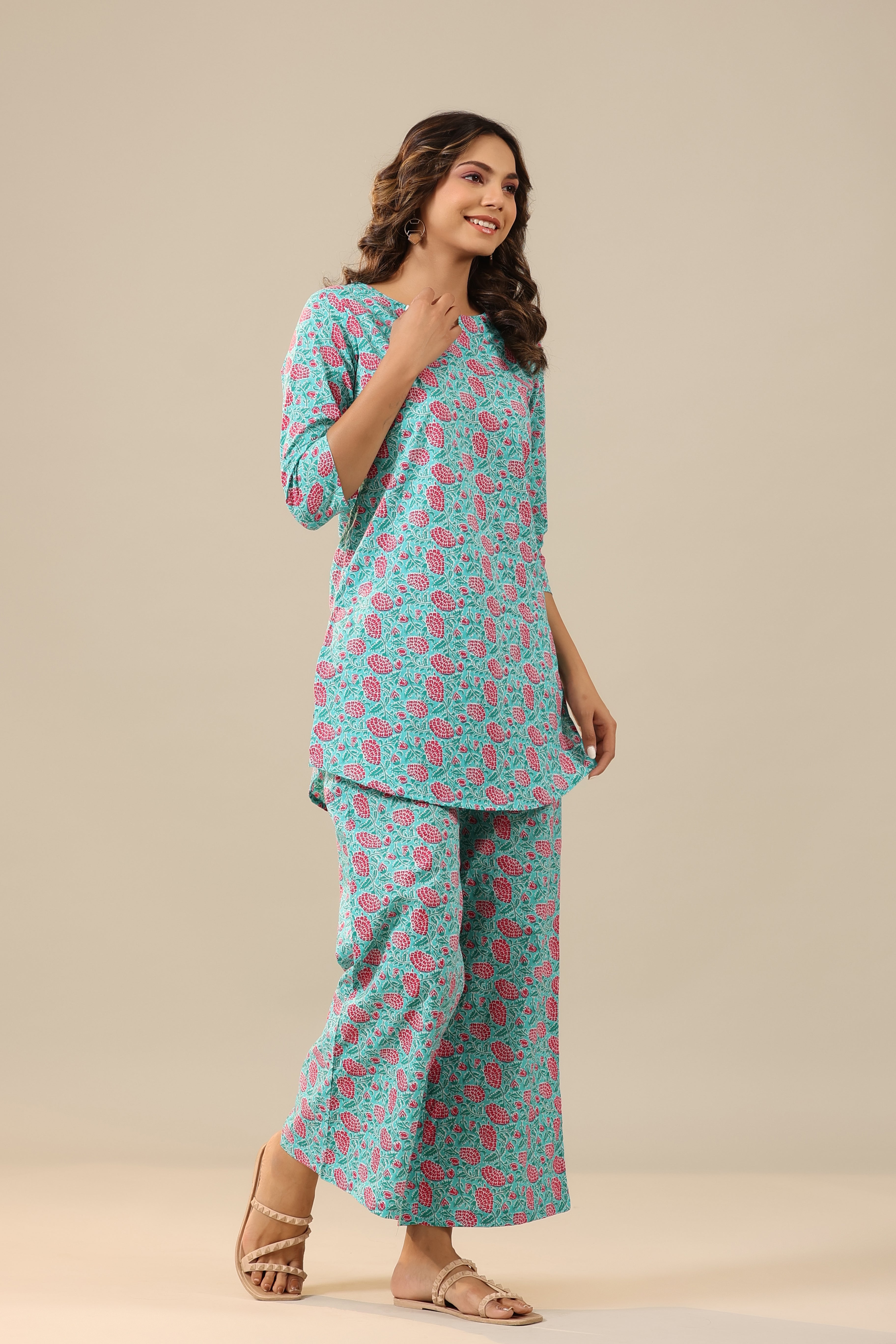 Pink Dahlia on Light Blue Palazzo Loungewear Set