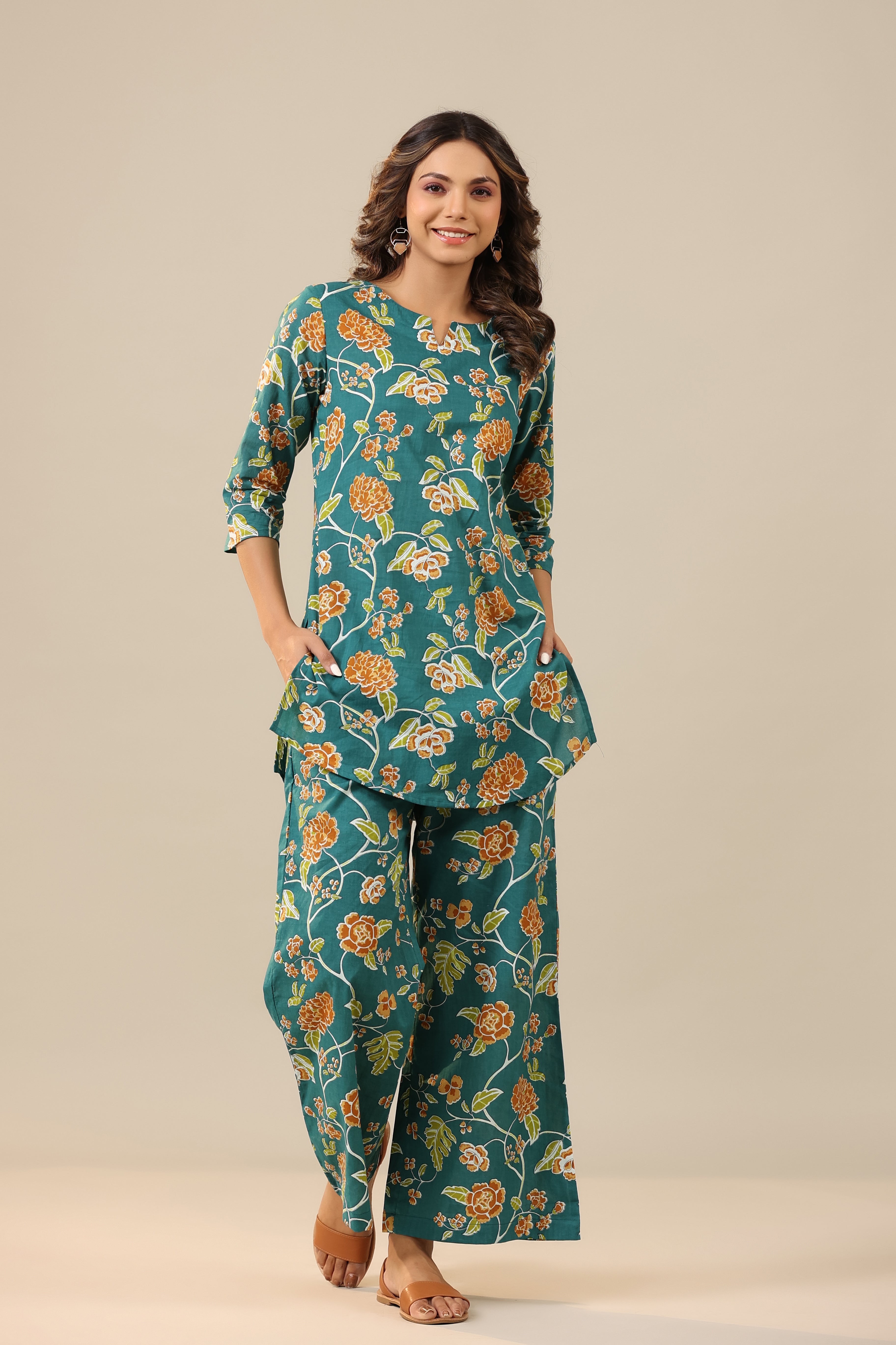 Floral Jaal on Teal Palazzo Loungewear Set