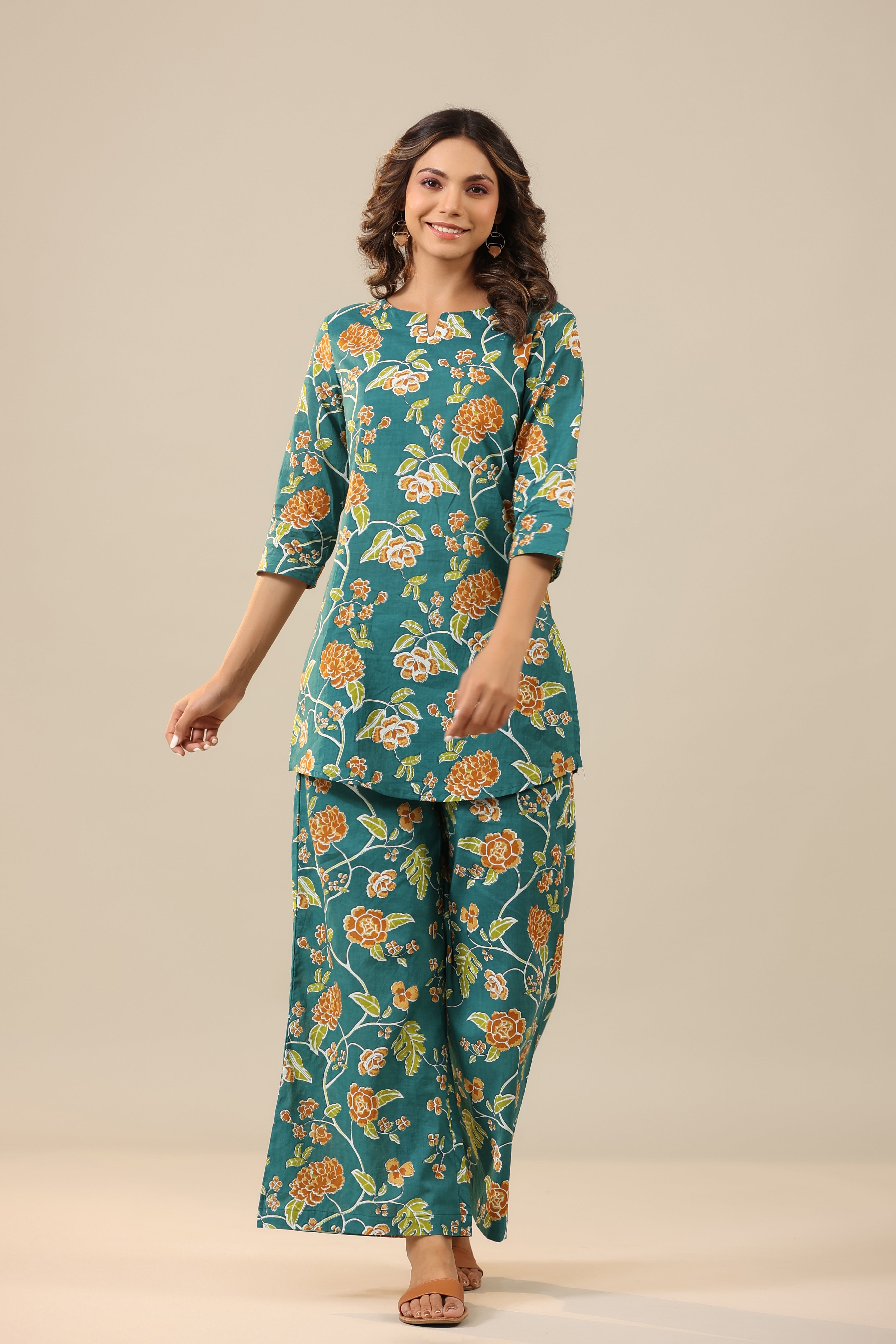 Floral Jaal on Teal Palazzo Loungewear Set