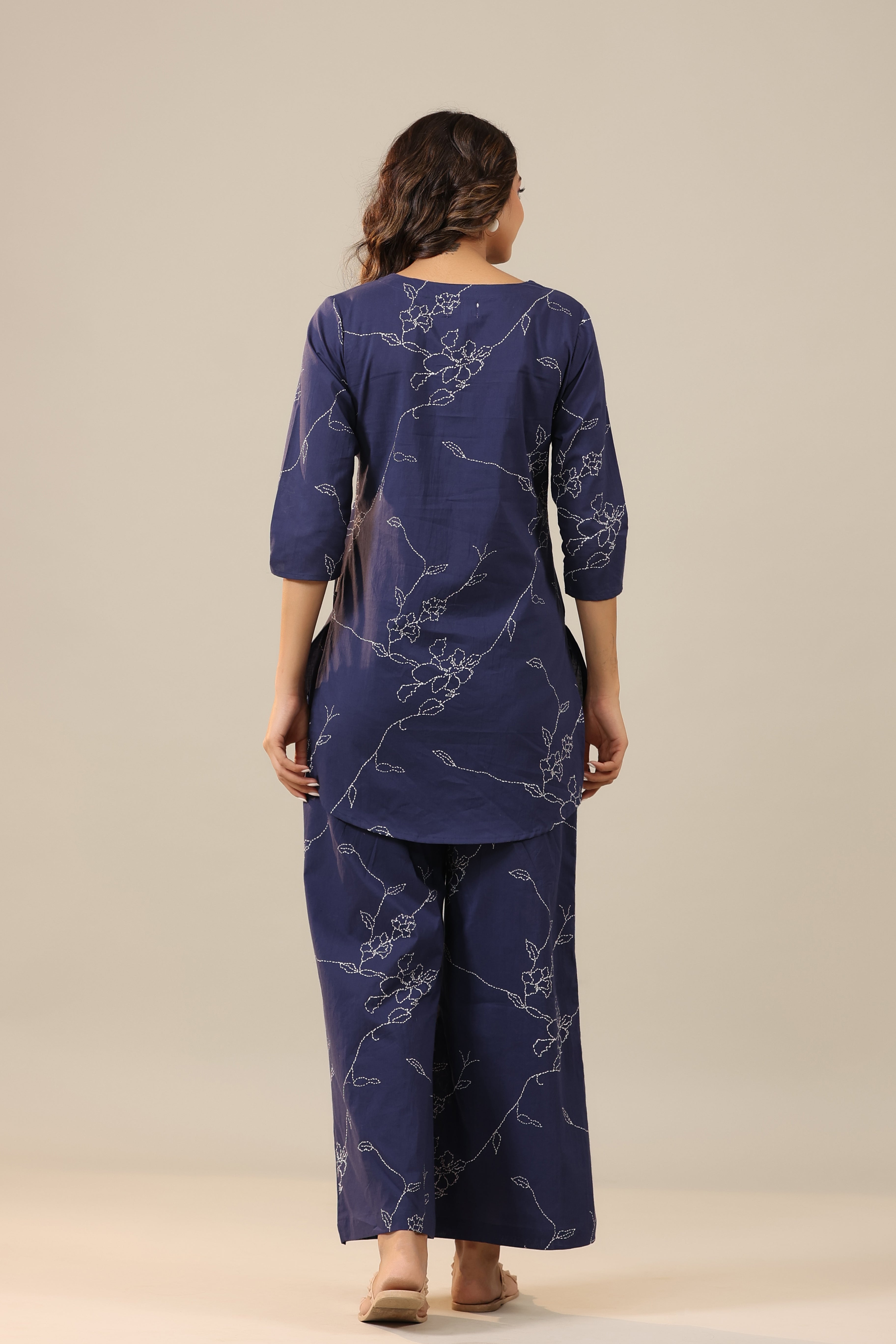 Patterned Dots on Dark Blue Cotton Palazzo Loungewear Set