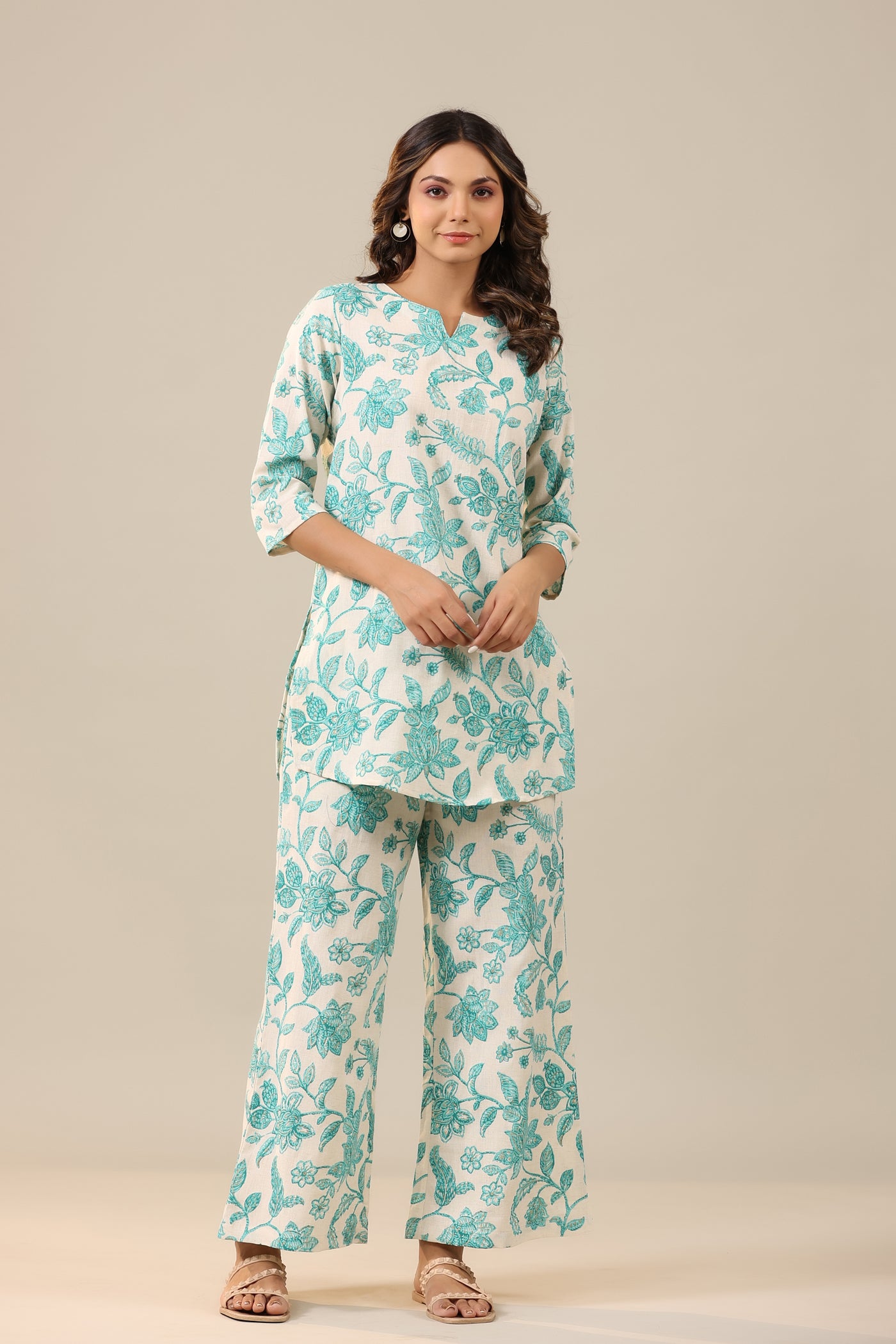 Blue Jaal on White Khadi Cotton Loungewear Palazzo Set