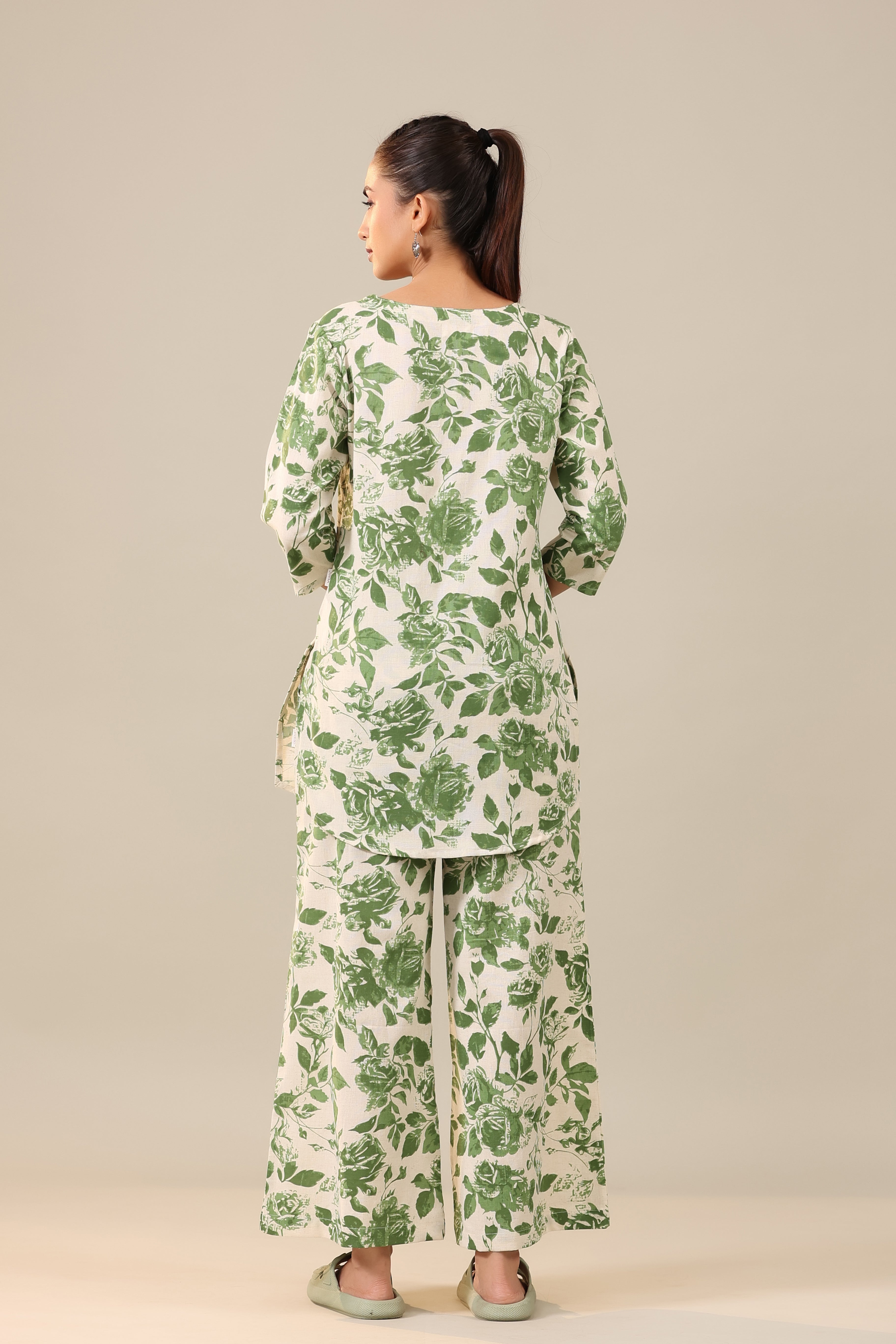 Green Jaal on Off White Cotton Flex Palazzo Loungewear Set