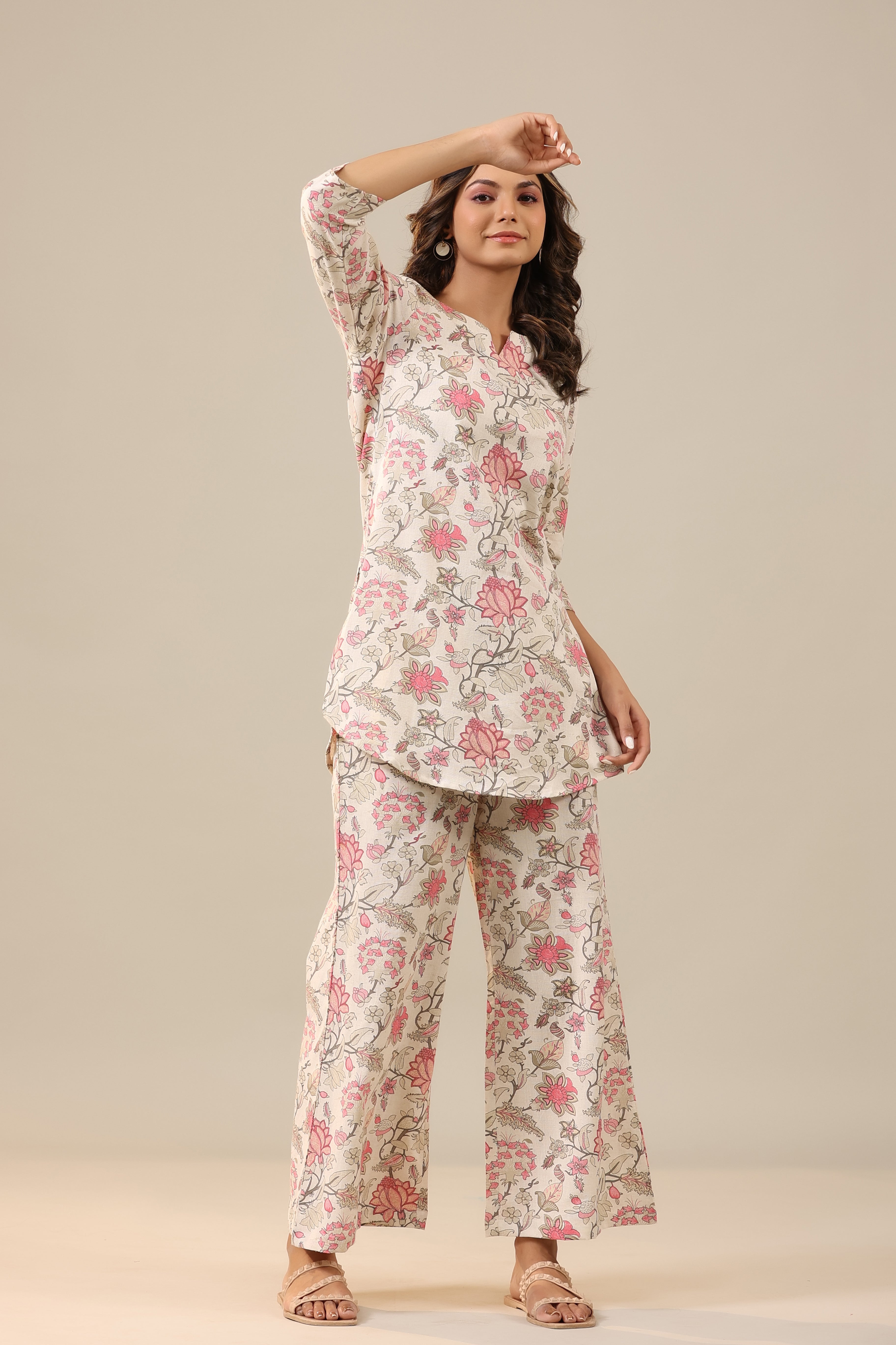 Marigold Pink Jaal on White Cotton Flex Palazzo Loungewear Set