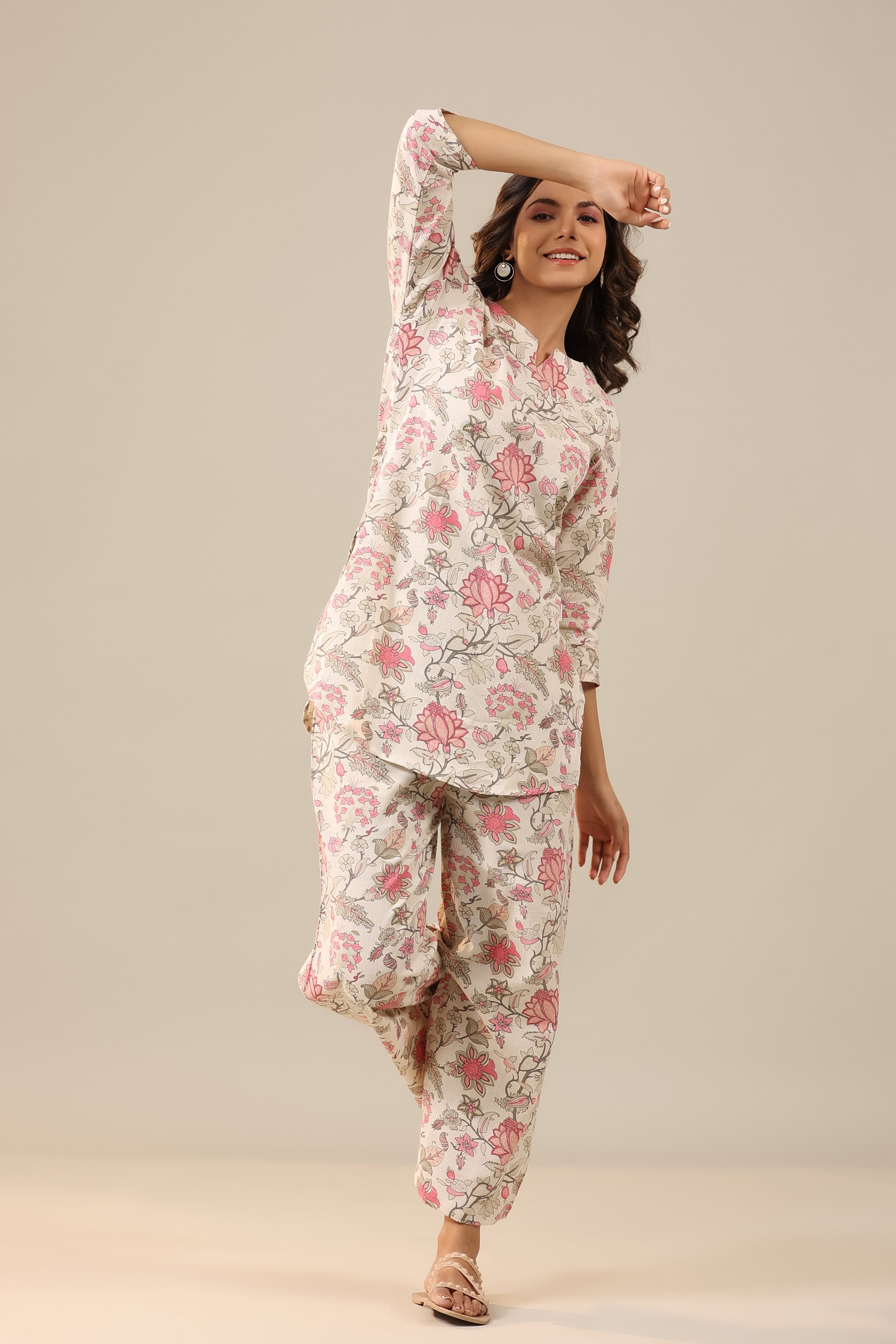 Marigold Pink Jaal on White Cotton Flex Palazzo Loungewear Set