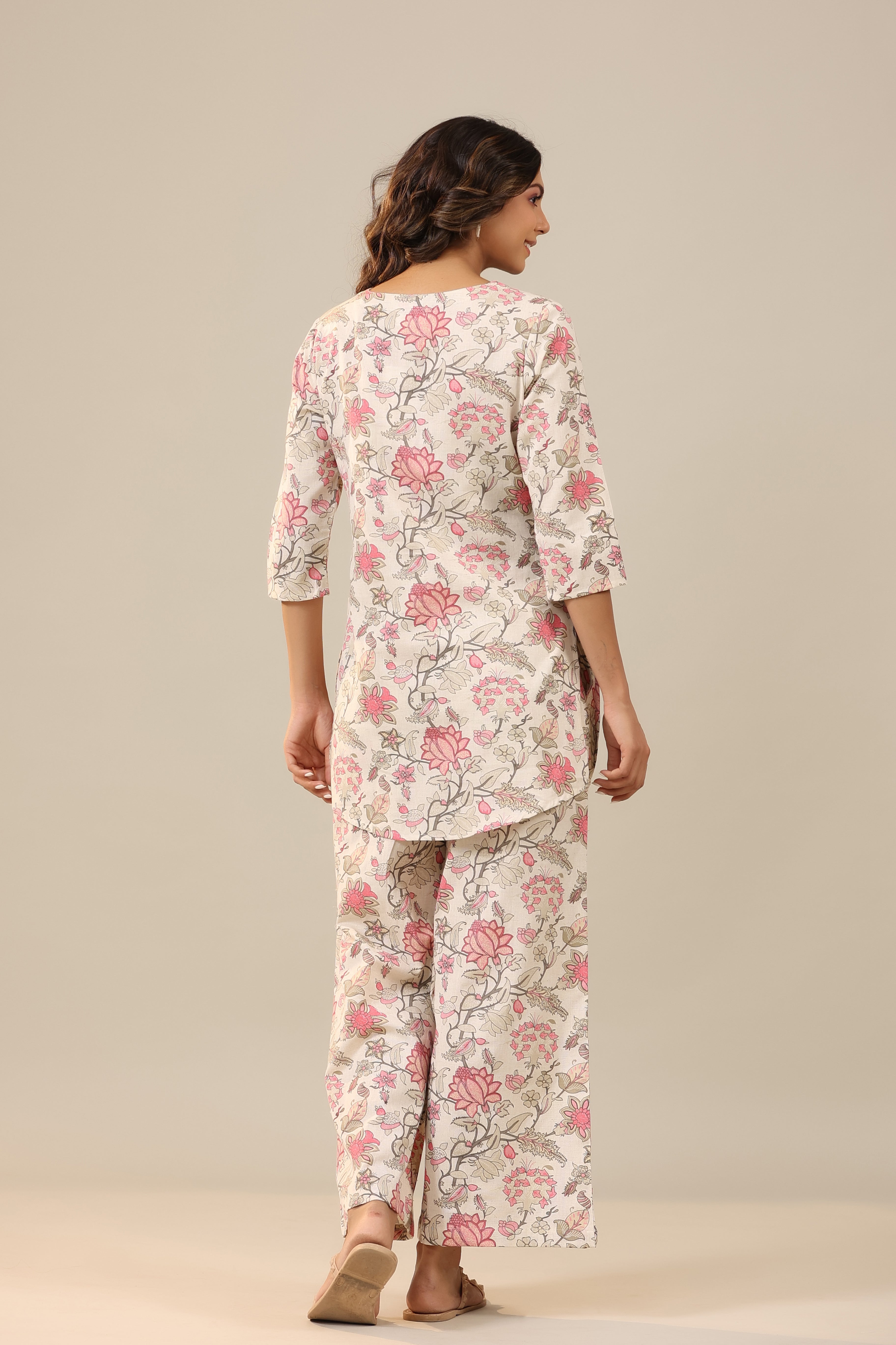 Marigold Pink Jaal on White Cotton Flex Palazzo Loungewear Set