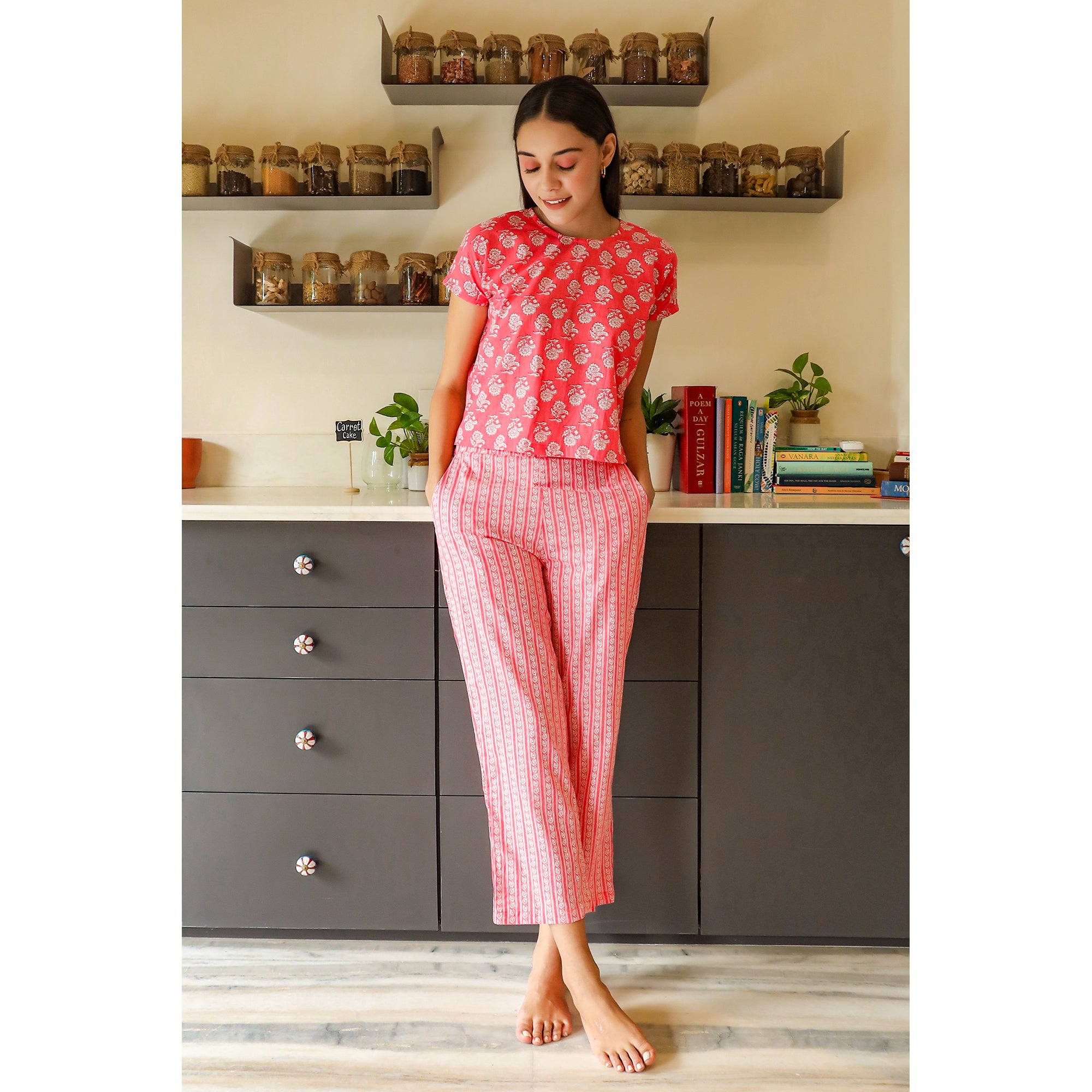 Loungewear Set In Pink stripes Print Loungewear Top Set