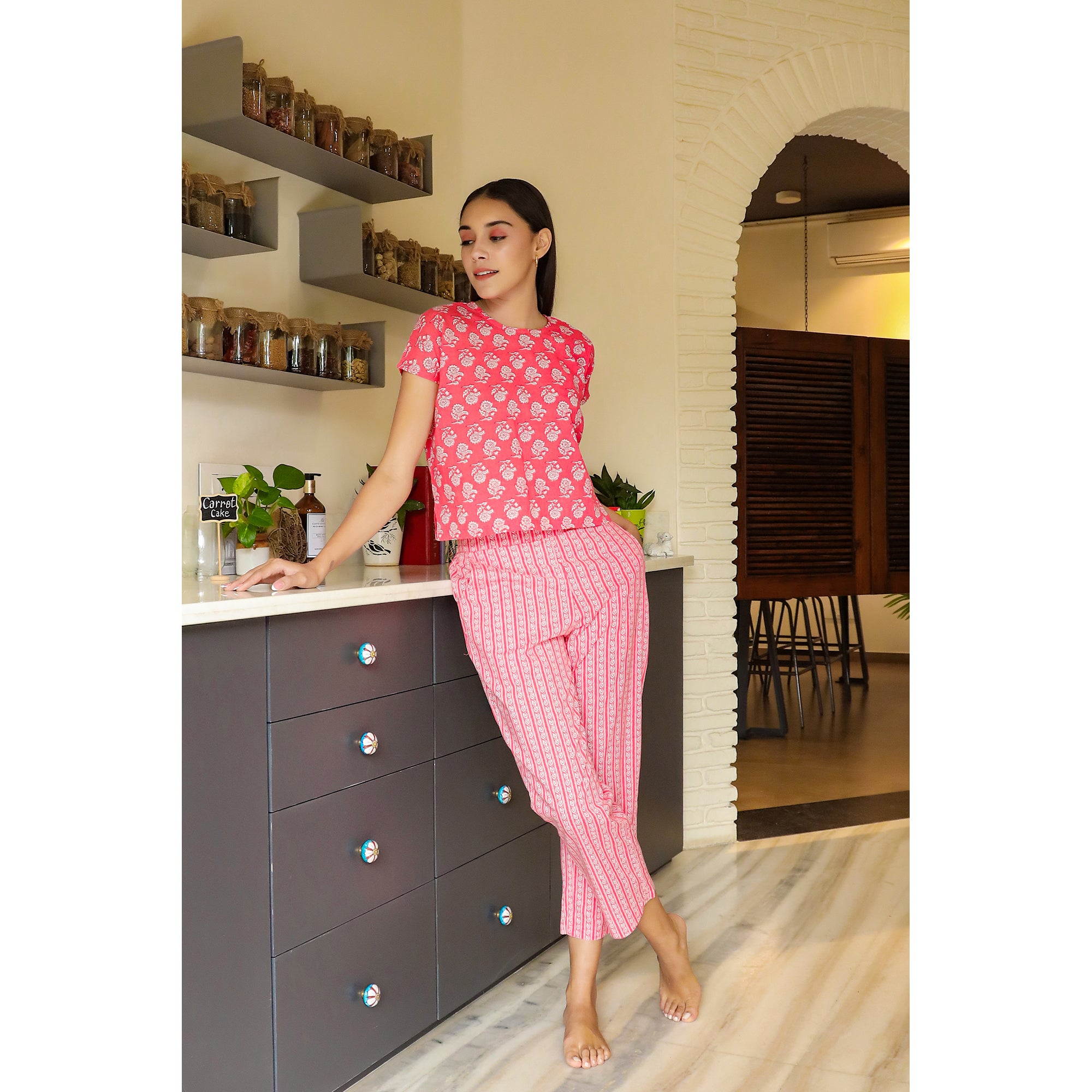 Loungewear Set In Pink stripes Print Loungewear Top Set