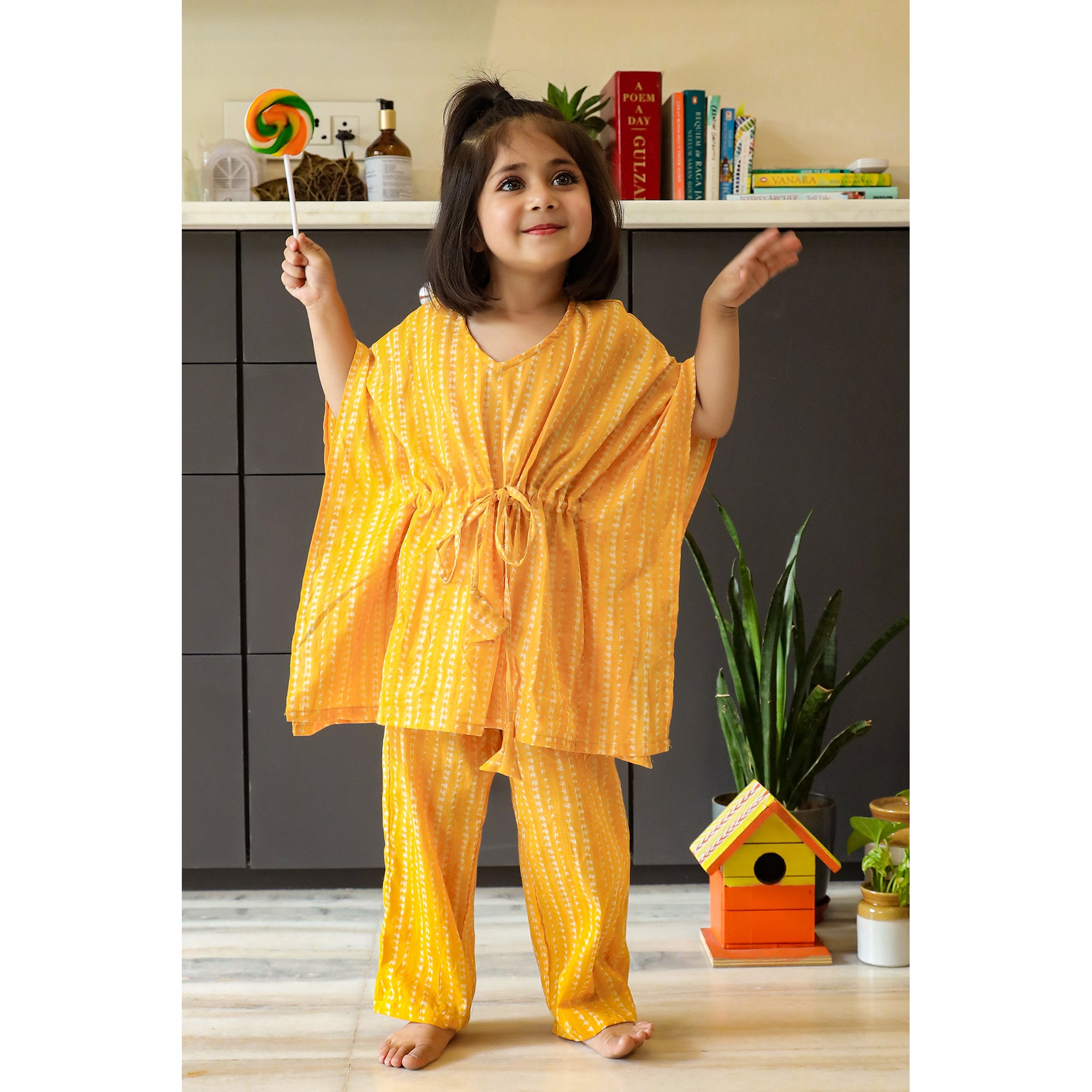 Hand Crafted Shibori on Yellow Kids Kaftan Pyjama Set