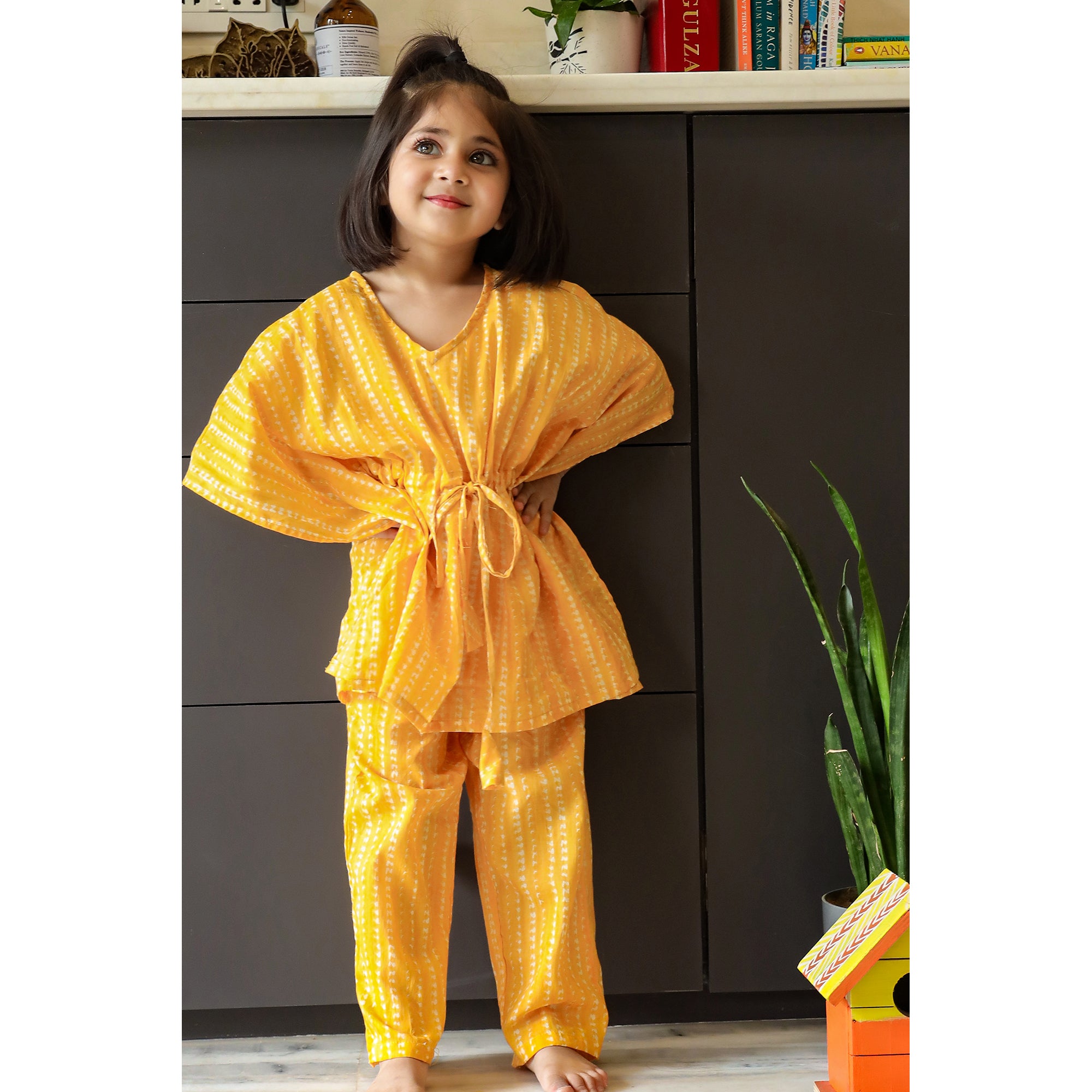 Hand Crafted Shibori on Yellow Kids Kaftan Pyjama Set