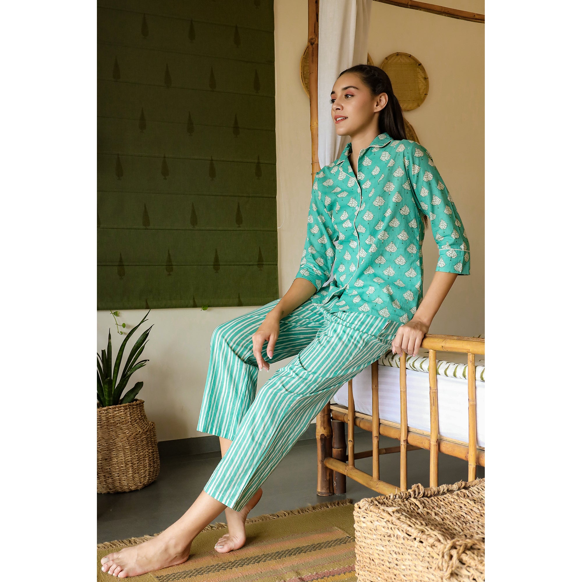 Tropical Leaves with Stripes on Sea Green Loungewear Top Set