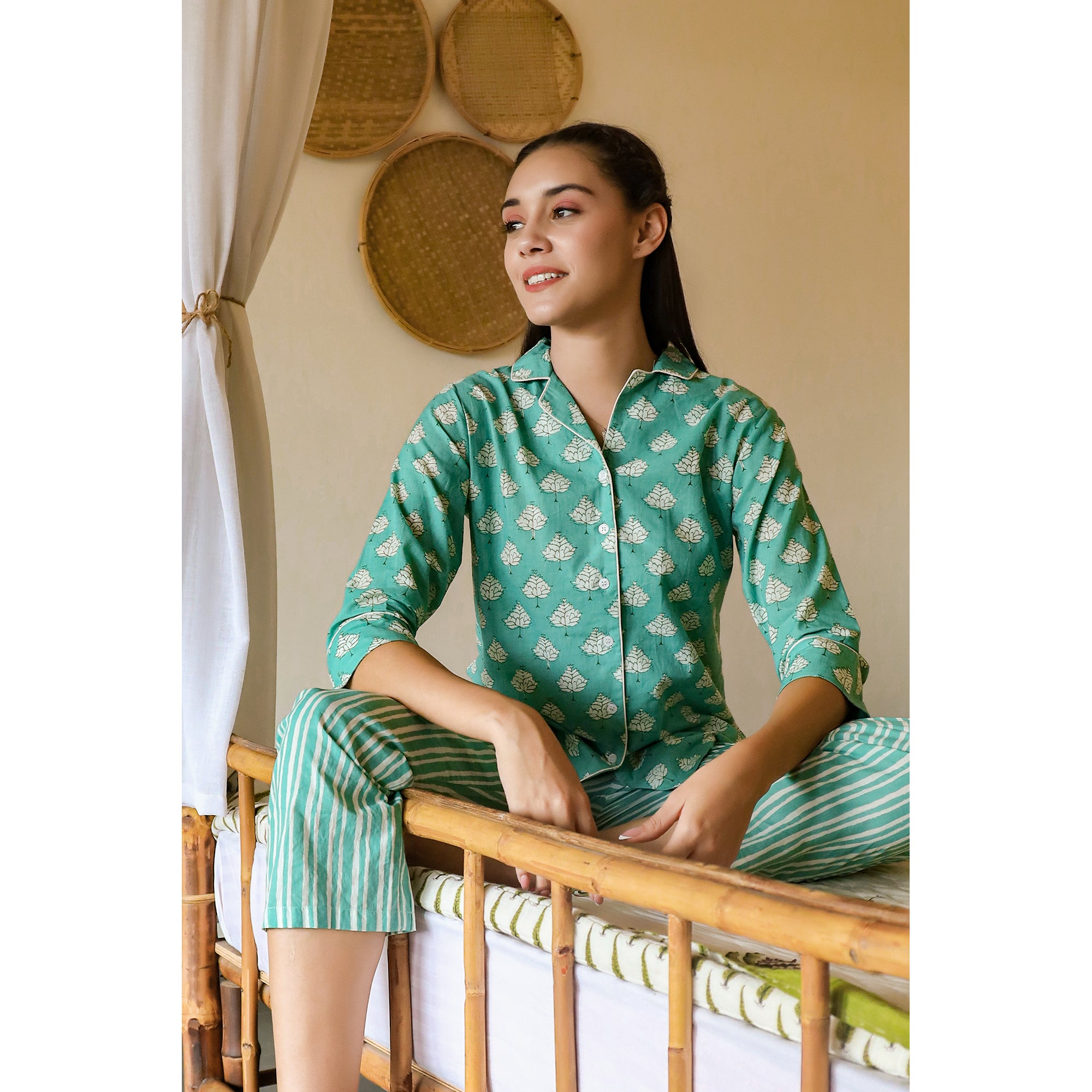 Tropical Leaves with Stripes on Sea Green Loungewear Top Set