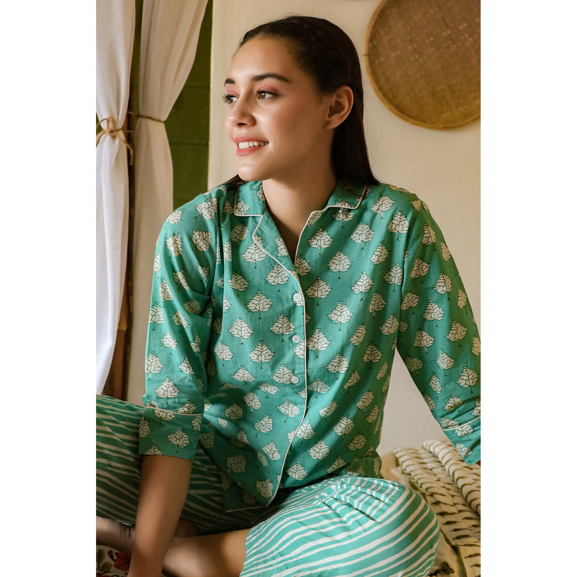 Tropical Leaves with Stripes on Sea Green Loungewear Top Set