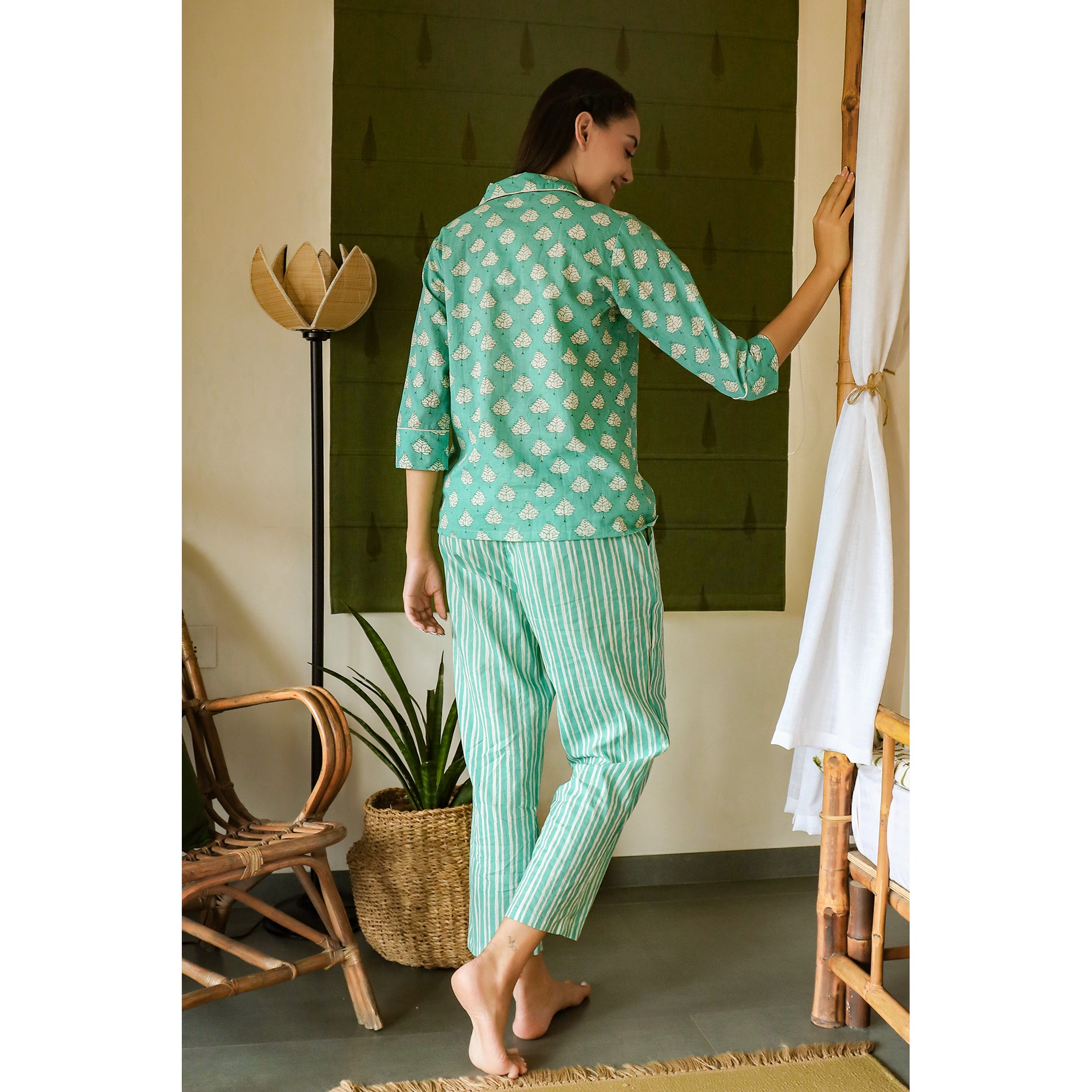 Tropical Leaves with Stripes on Sea Green Loungewear Top Set