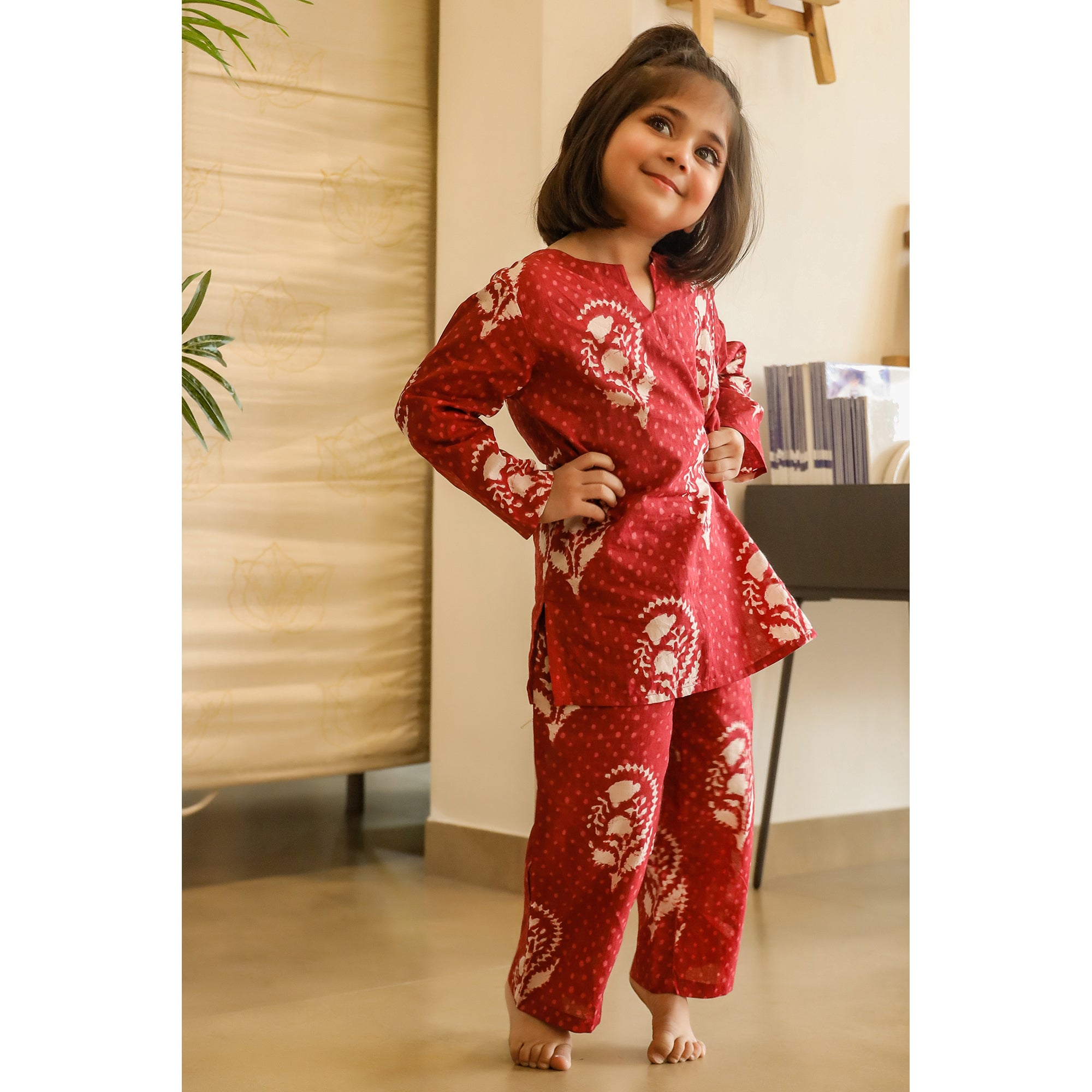 Royal Motifs on Kids Maroon Loungewear Set