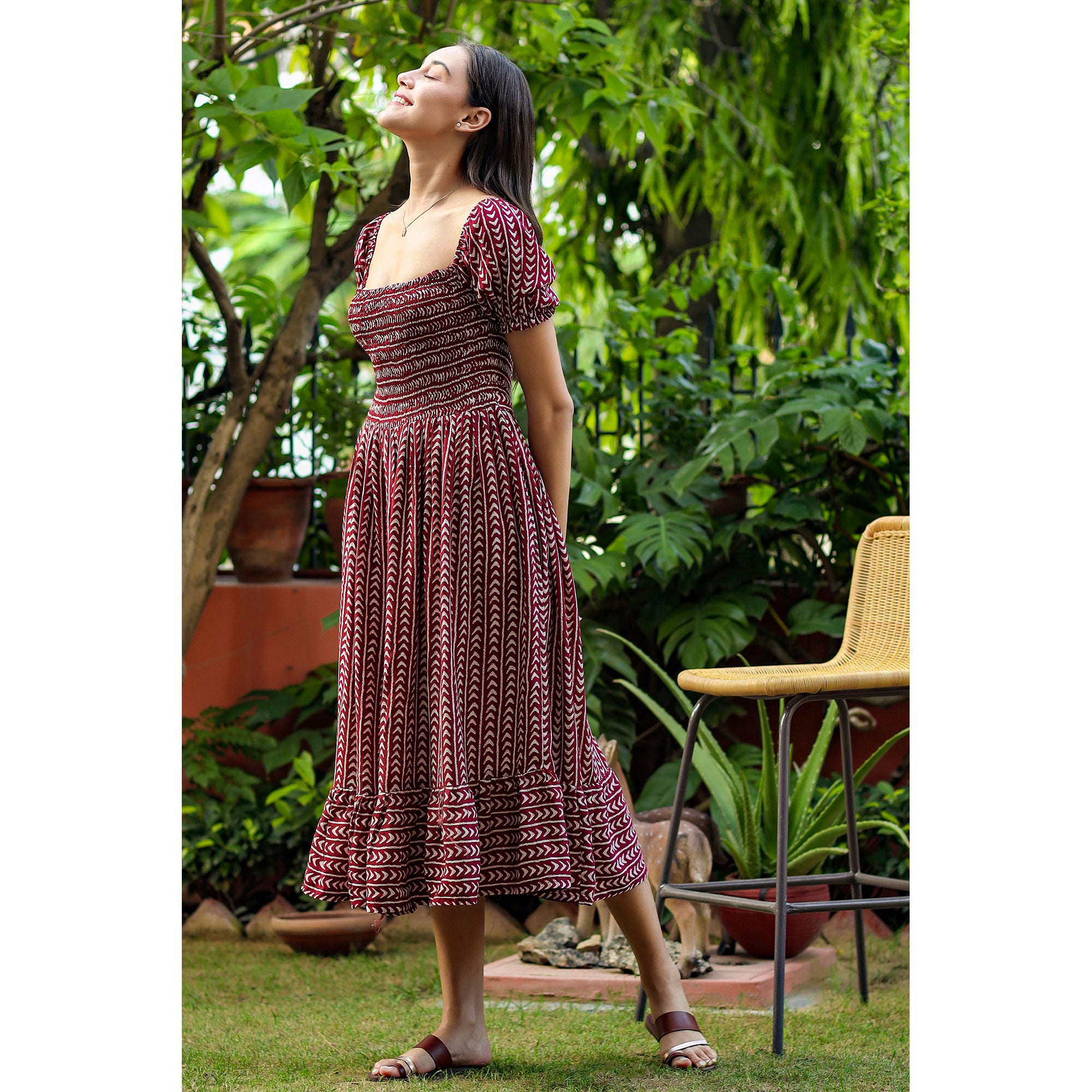 Geometric Arrows on Maroon Silk Midi Dress