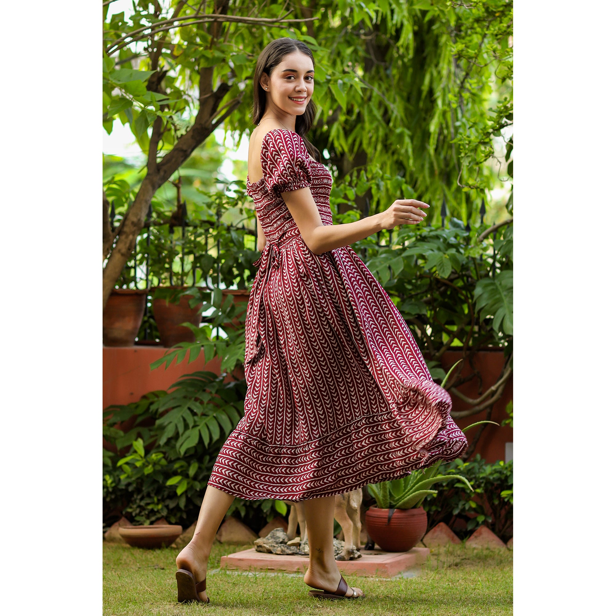 Geometric Arrows on Maroon Silk Midi Dress