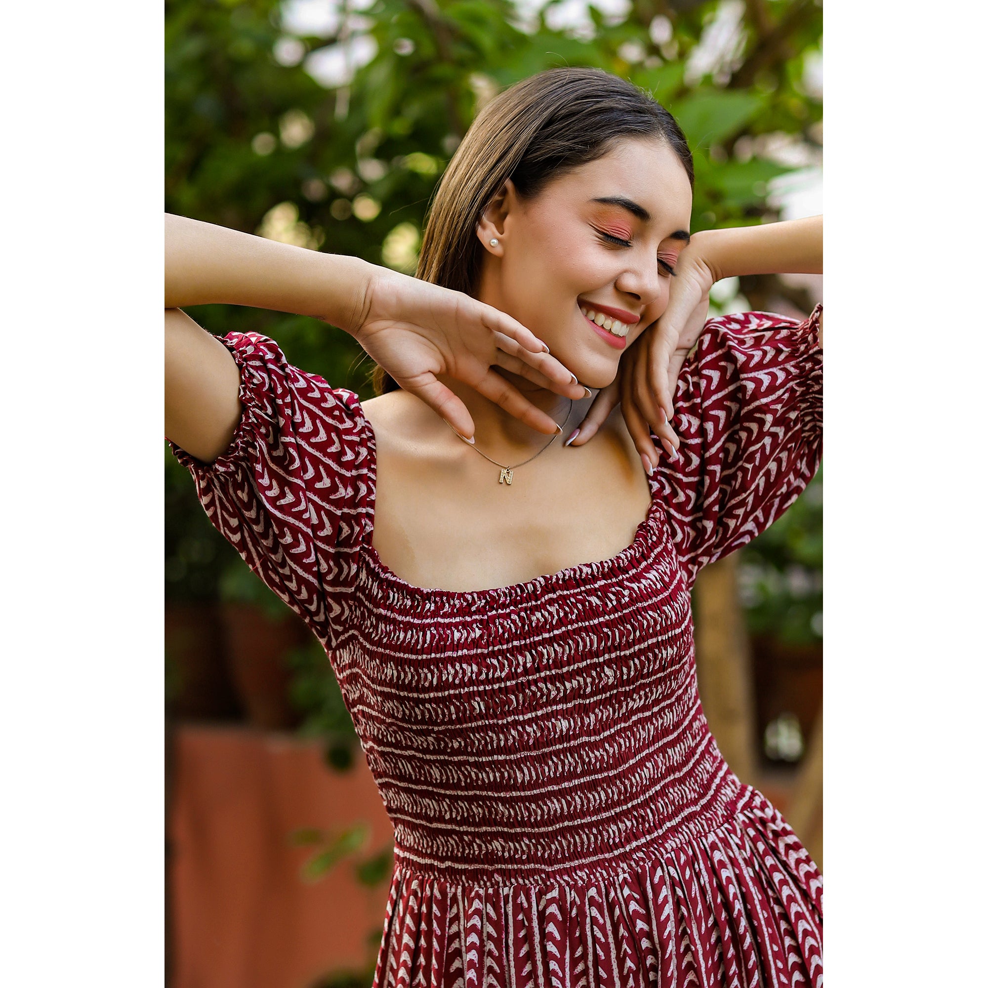 Geometric Arrows on Maroon Silk Midi Dress