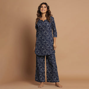 Patterned Bandhej On Blue Flowy Loungewear Top Set