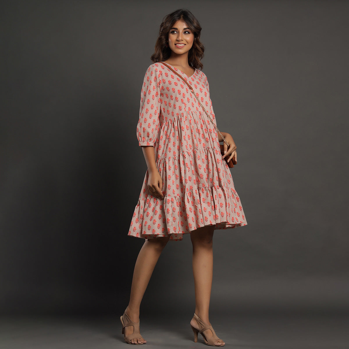 Pink Primrose on Grey Tier Dress Jisora Jaipur
