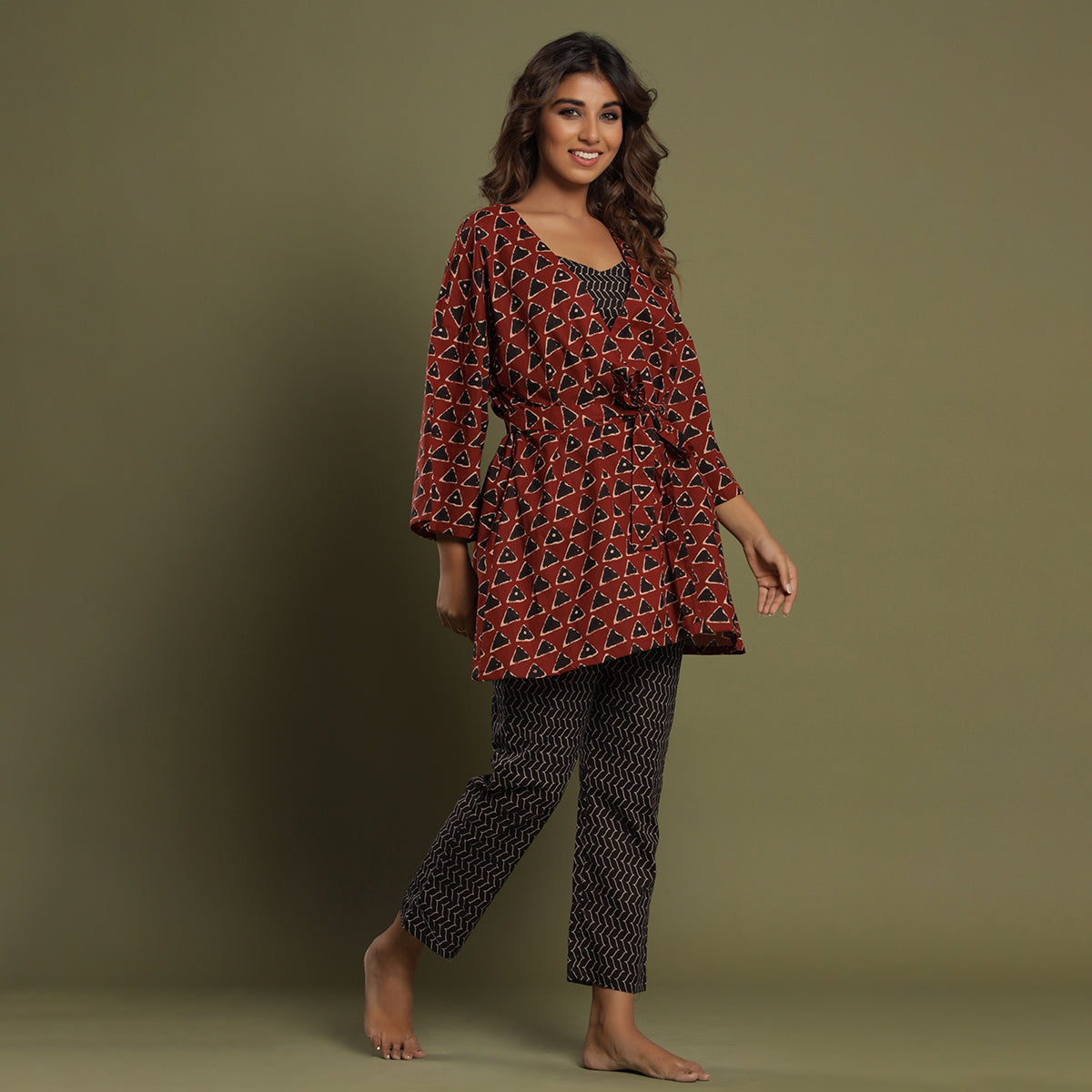 Three Piece Loungewear Set Maroon Jisora Jaipur