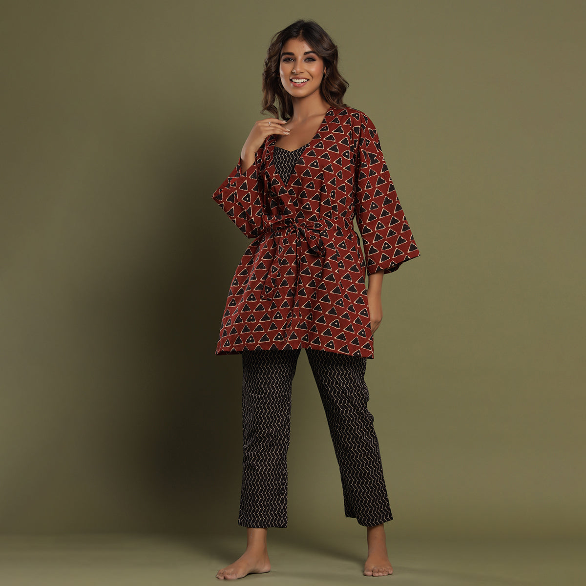 Three Piece Loungewear Set Maroon Jisora Jaipur