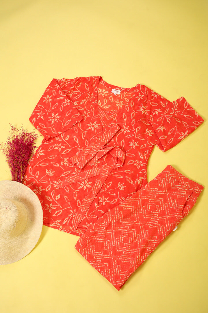 Floral Shibori on Peach Cotton Three Piece Set