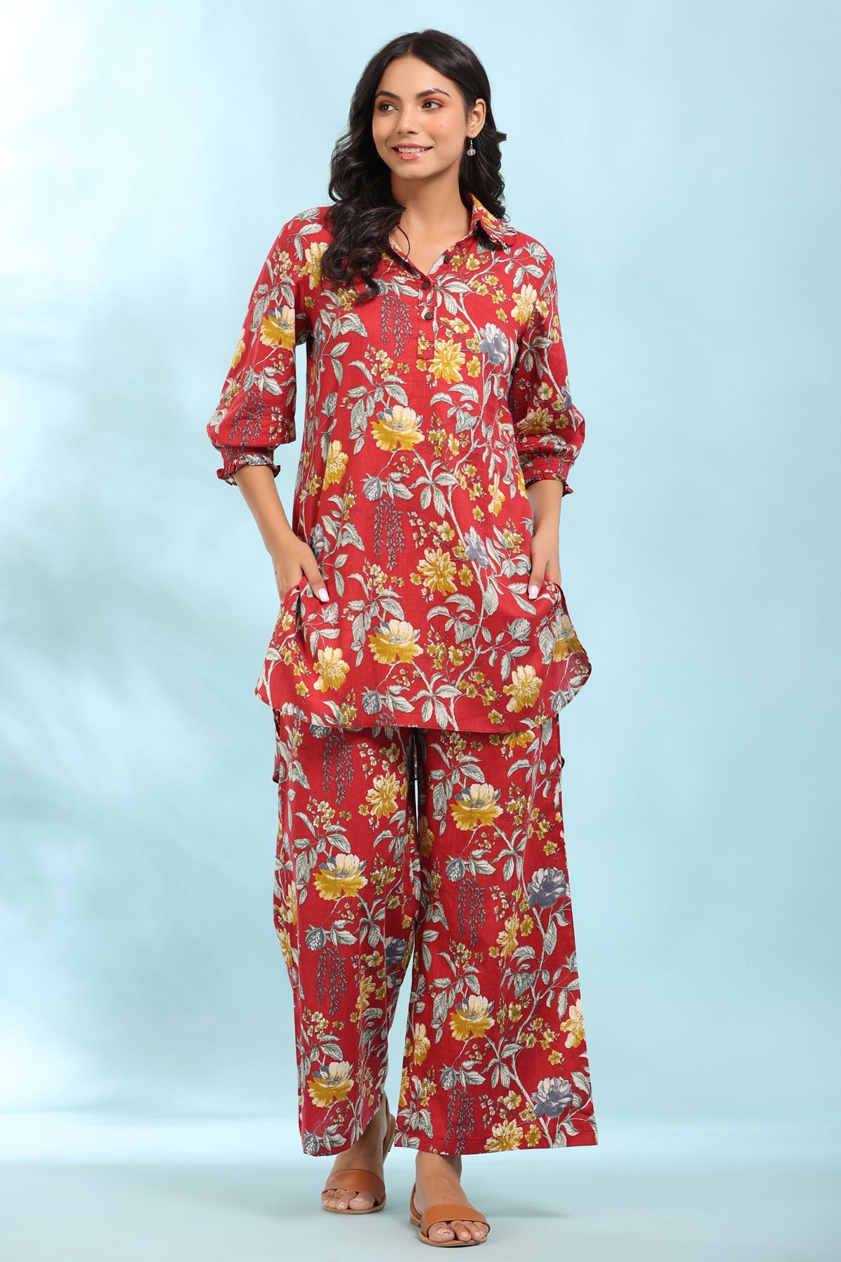 Floral Print Red Collared Cotton Palazzo Loungewear Set