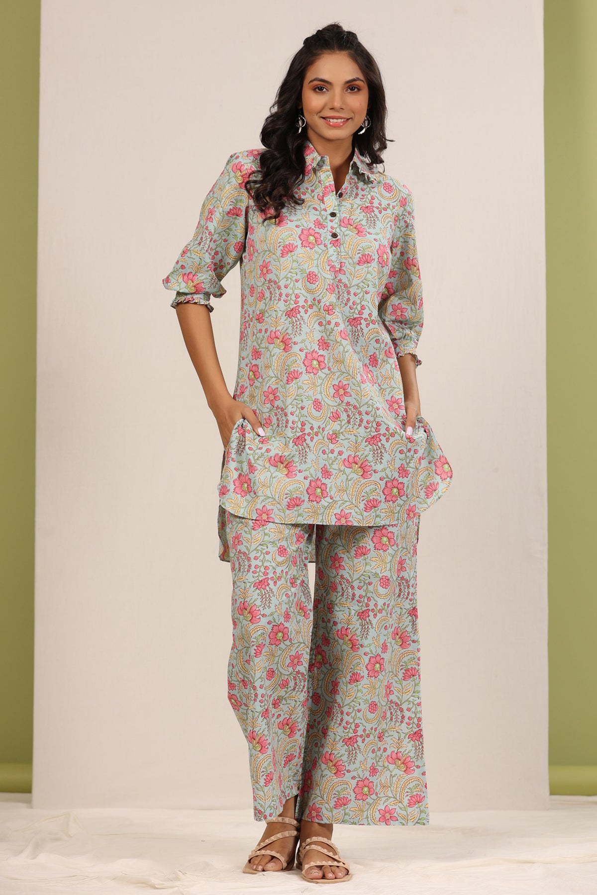 Floral Mosaic on Sky Blue Palazzo Loungewear Set