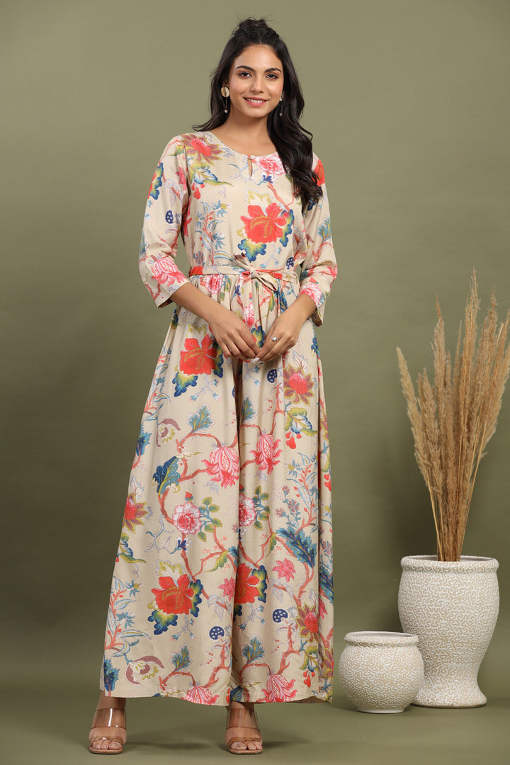 Multicolored Jaal on Russian Silk Beige Jumpsuit