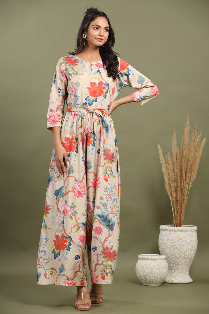 Multicolored Jaal on Russian Silk Beige Jumpsuit