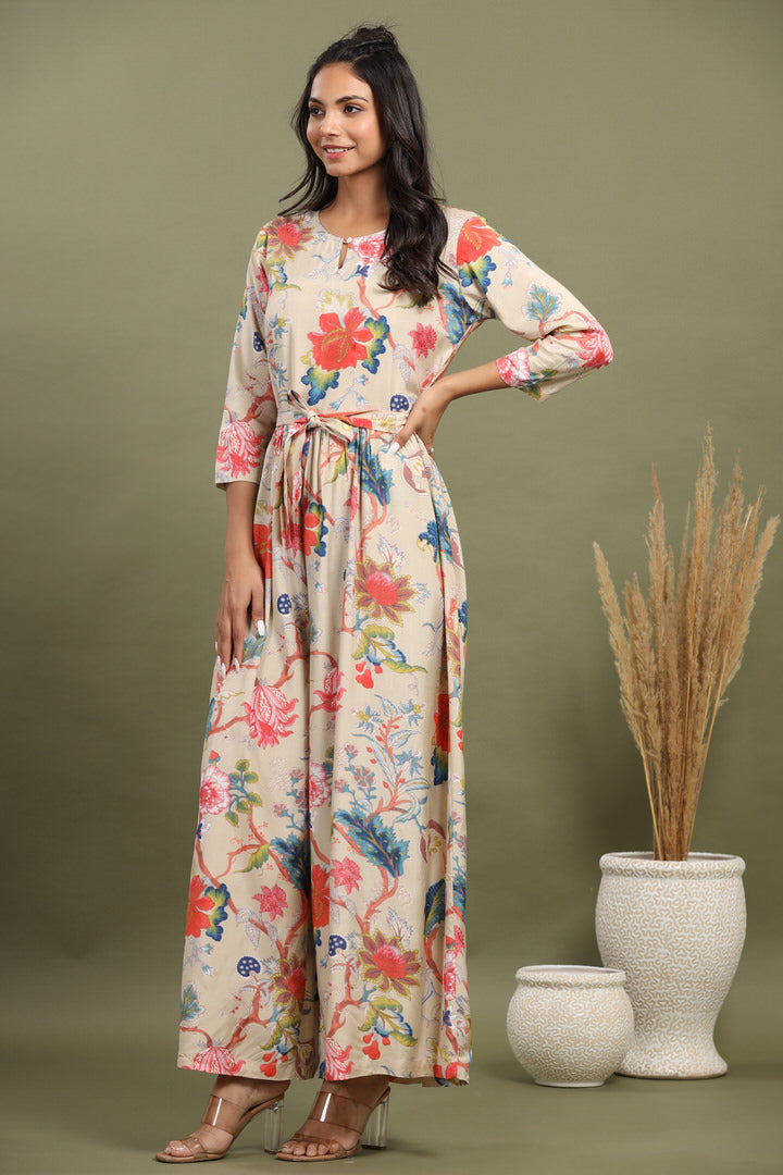 Multicolored Jaal on Russian Silk Beige Jumpsuit