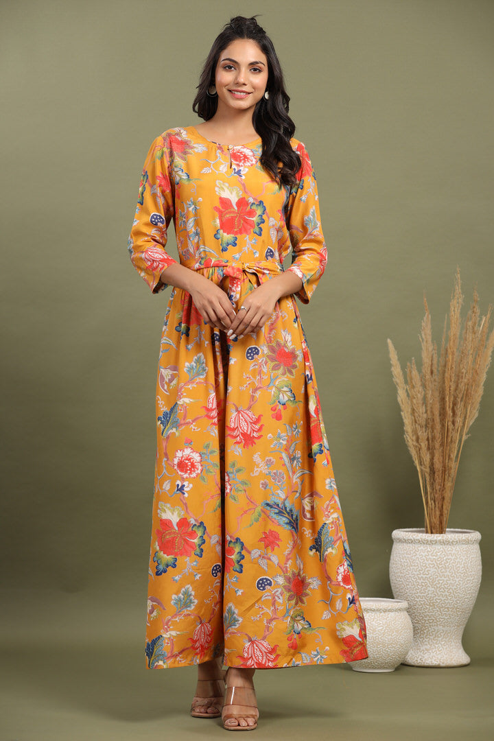 Multicolored Jaal on Russian Silk Mustard Jumpsuit