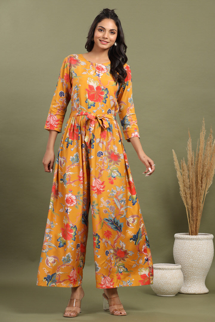 Multicolored Jaal on Russian Silk Mustard Jumpsuit