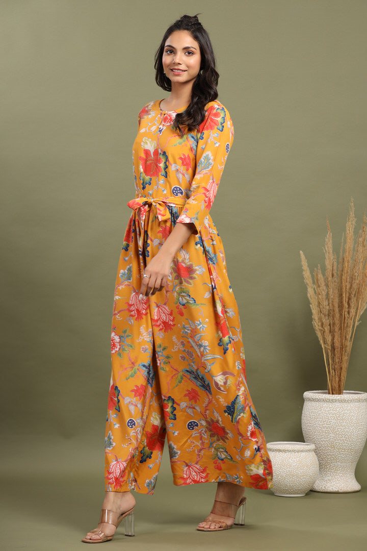 Multicolored Jaal on Russian Silk Mustard Jumpsuit