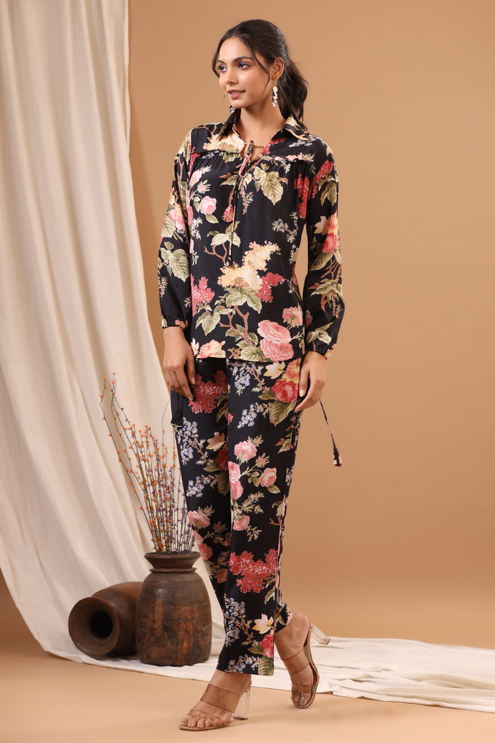 Black Floral on Russian silk Co-ord Set