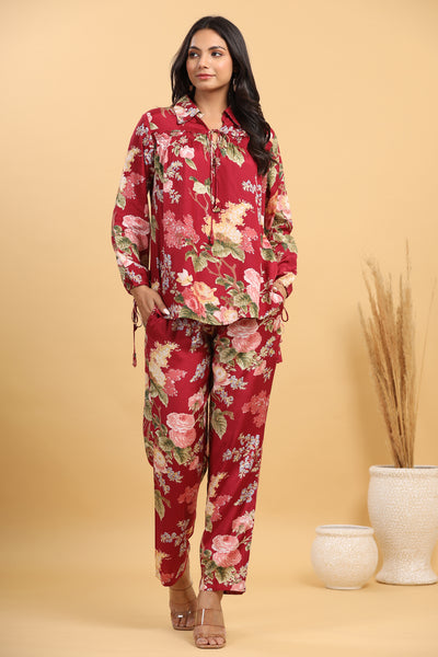 Russian Silk Red Floral Co-ord Set